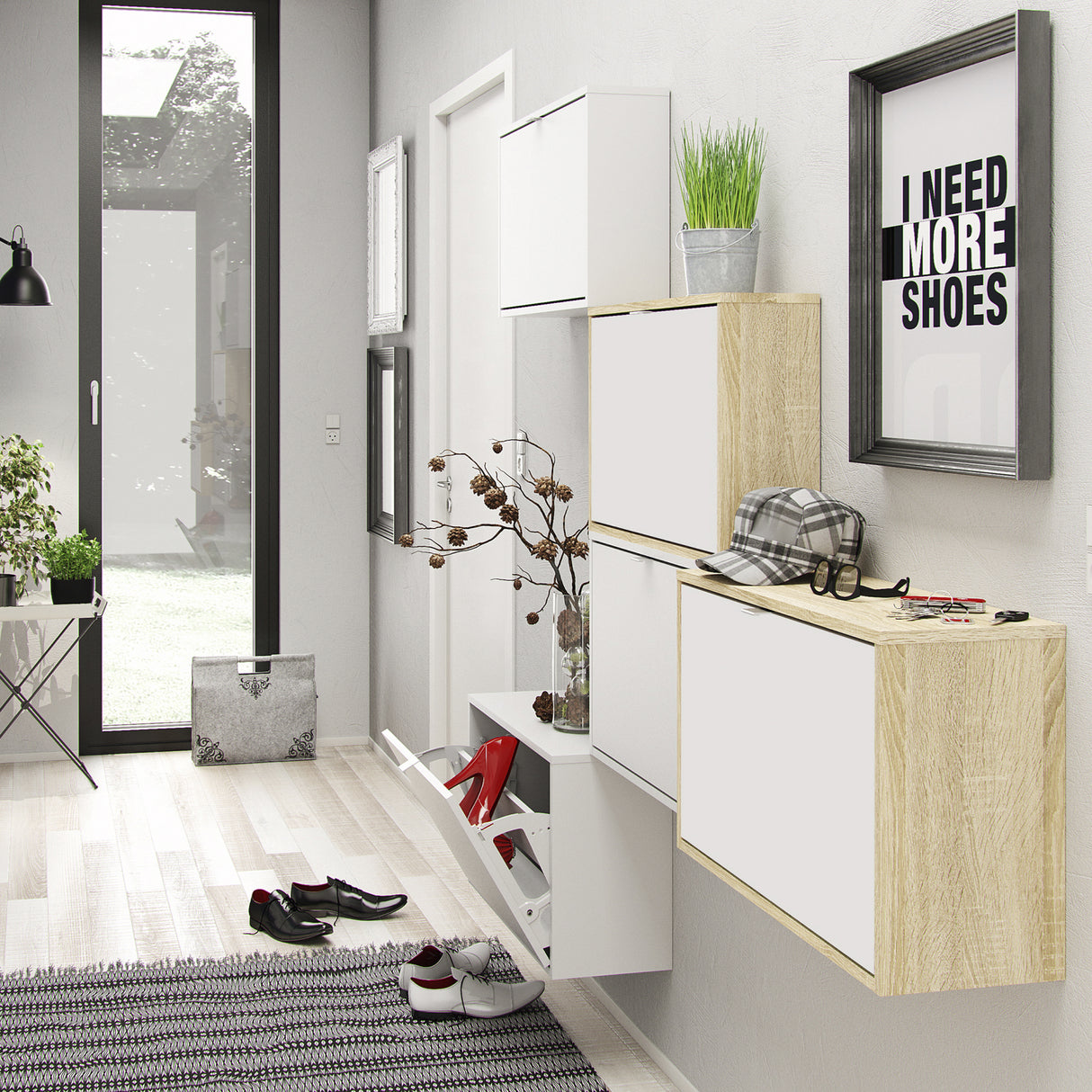 Mirrored Shoe Storage Cabinet With 4 Flip Down Doors And 2 Layers - Seabrook