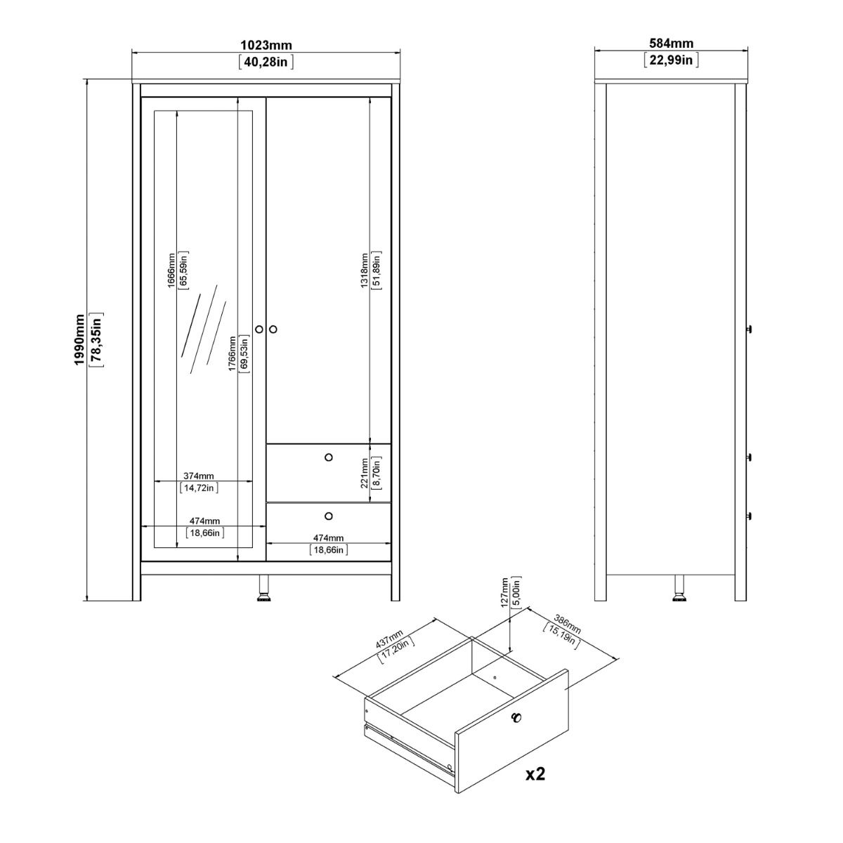 Mirrored Wardrobe With 2 Doors And 2 Drawers - Barcelona
