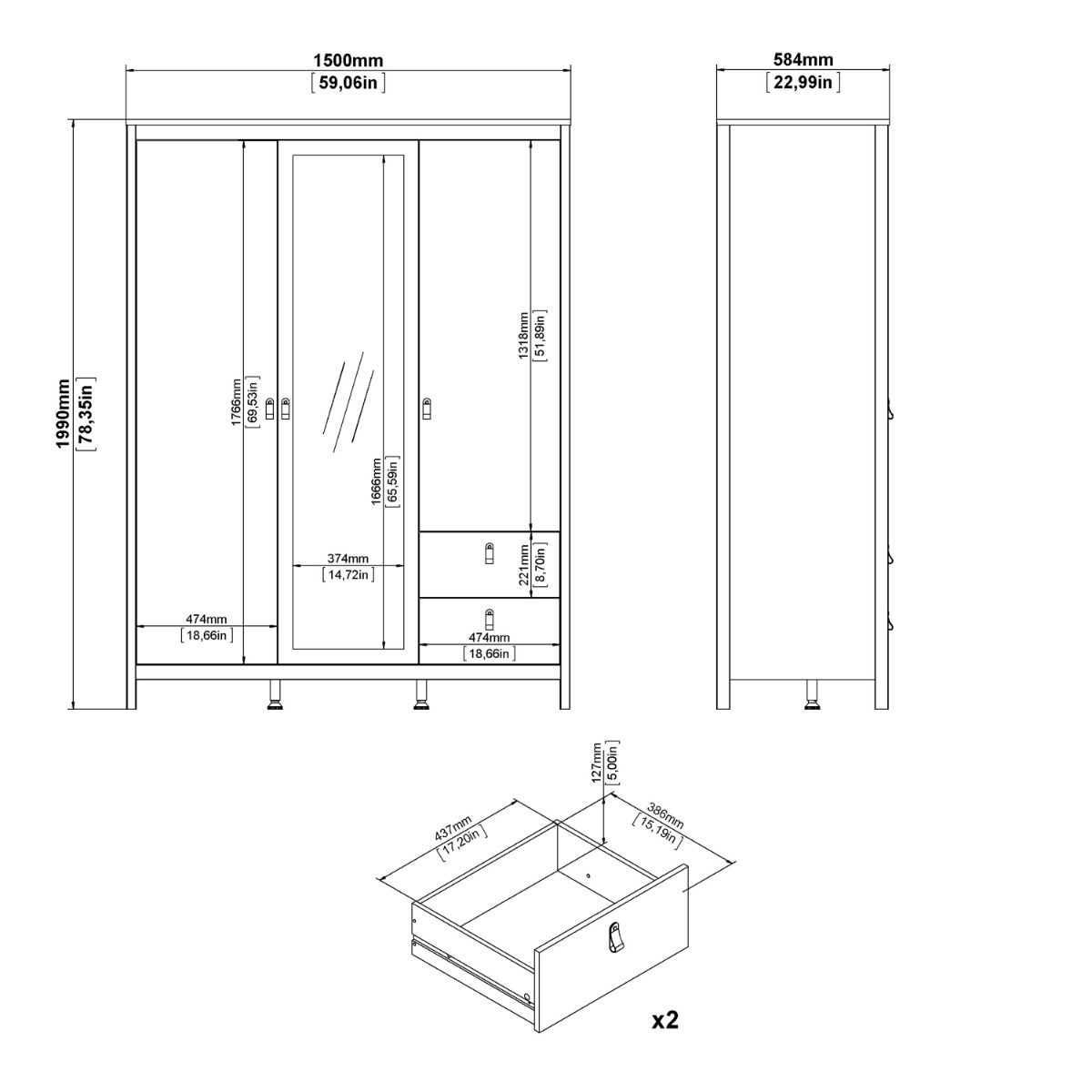 Mirrored Wardrobe With 3 Doors And 2 Drawers - Barcelona