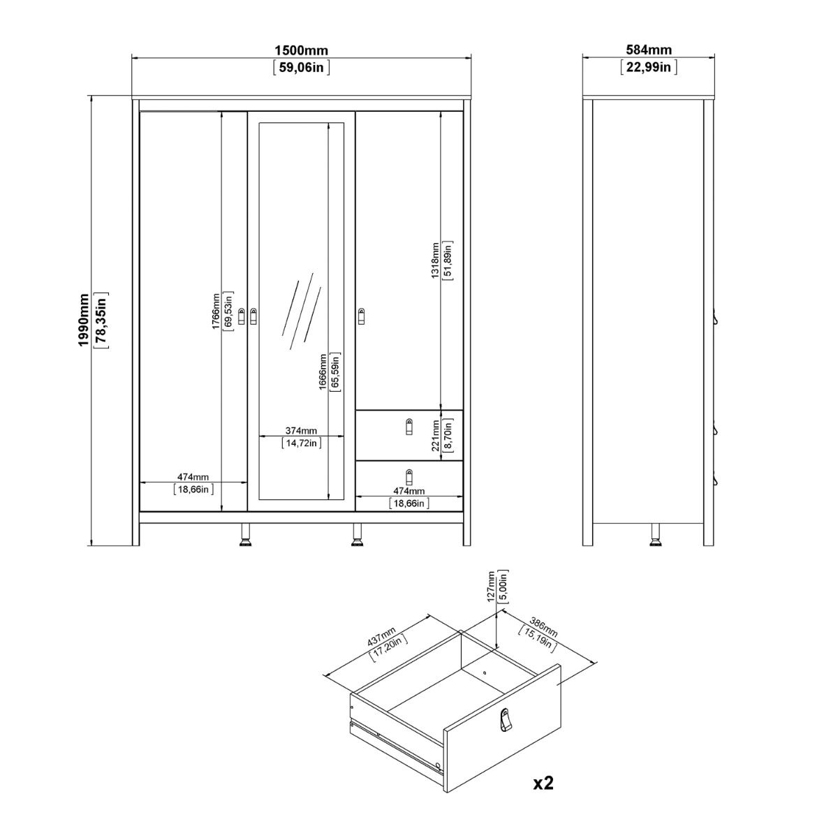 Mirrored Wardrobe With 3 Doors And 2 Drawers - Barcelona