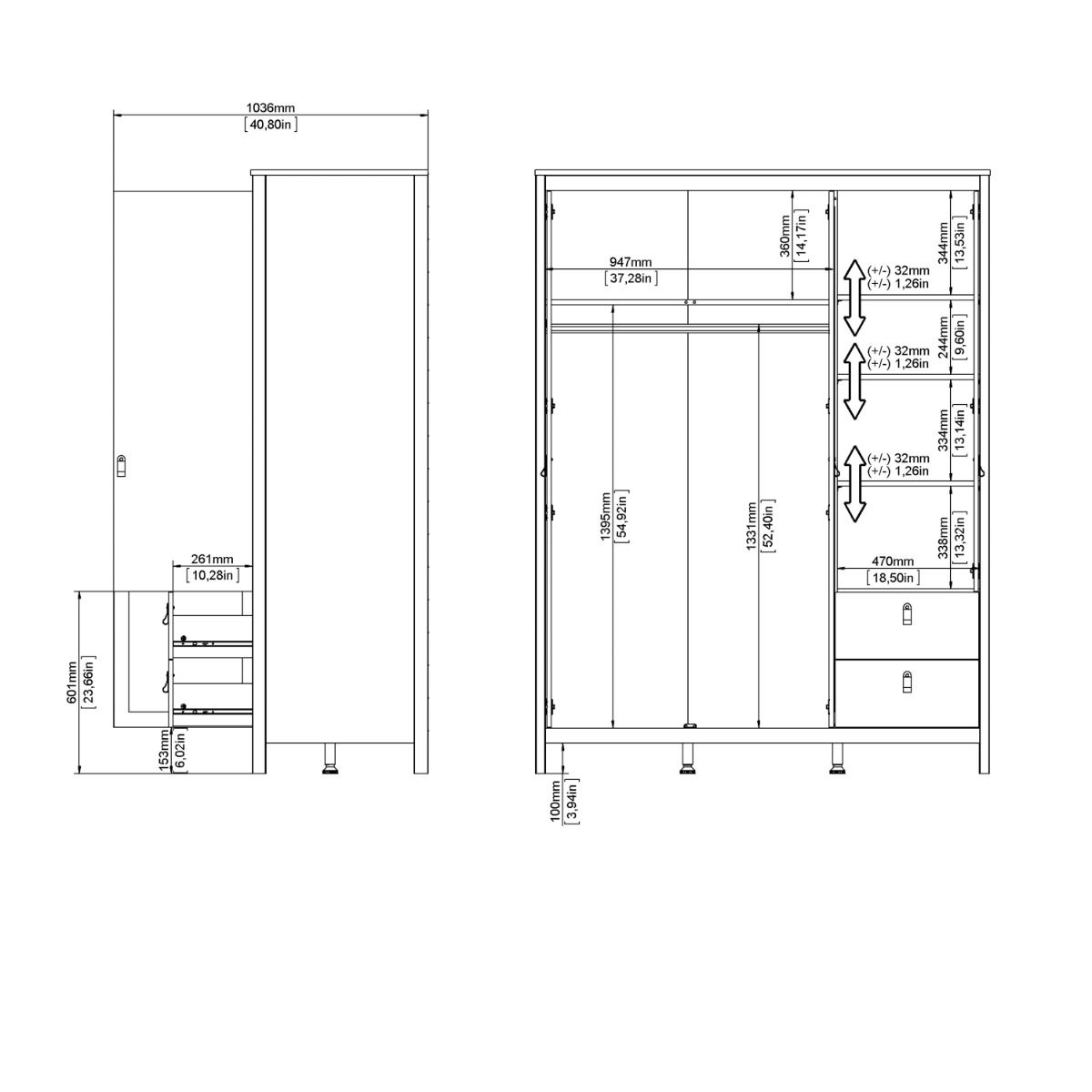 Mirrored Wardrobe With 3 Doors And 2 Drawers - Barcelona