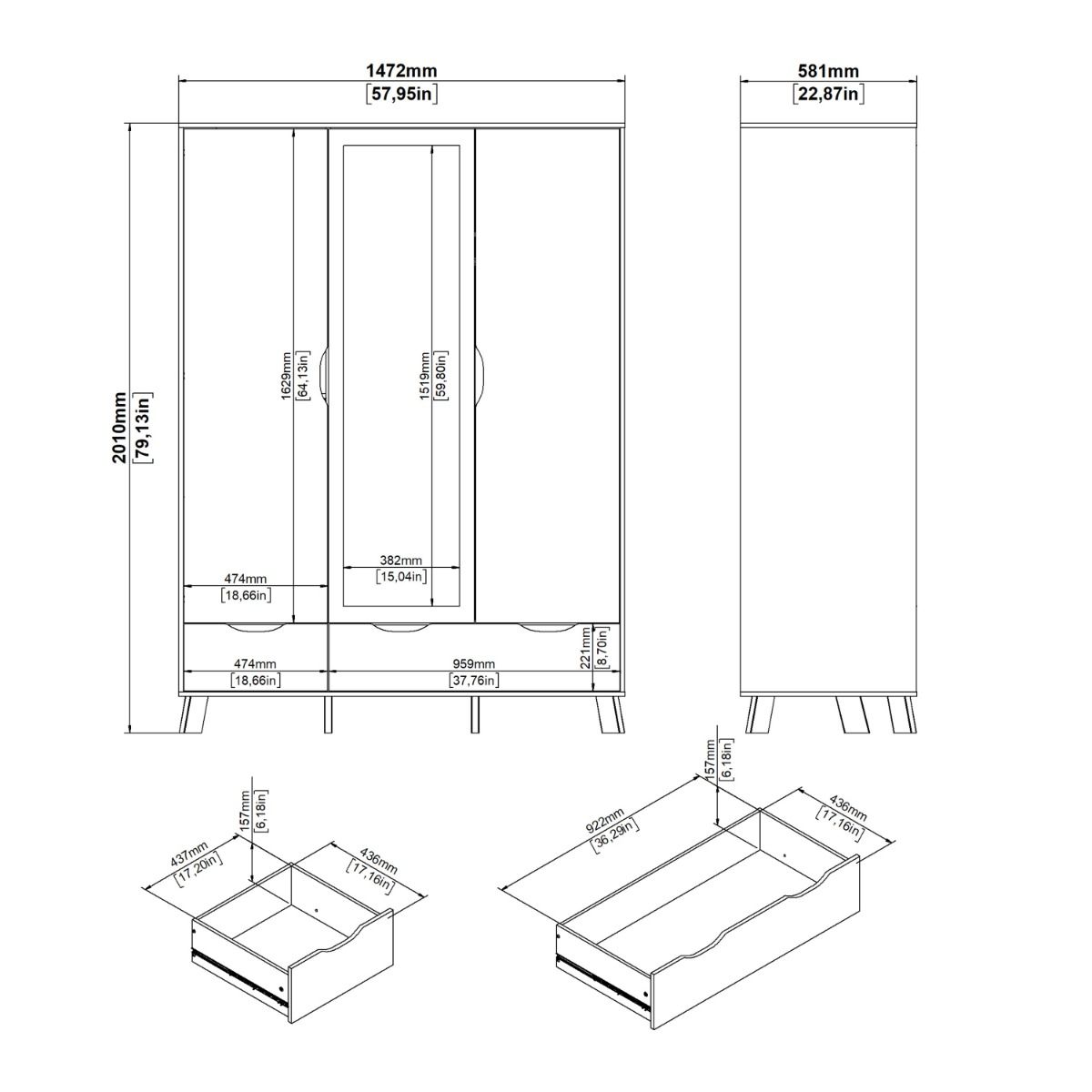 Mirrored Wardrobe With 3 Doors And 2 Drawers In White Fronts - Ikast