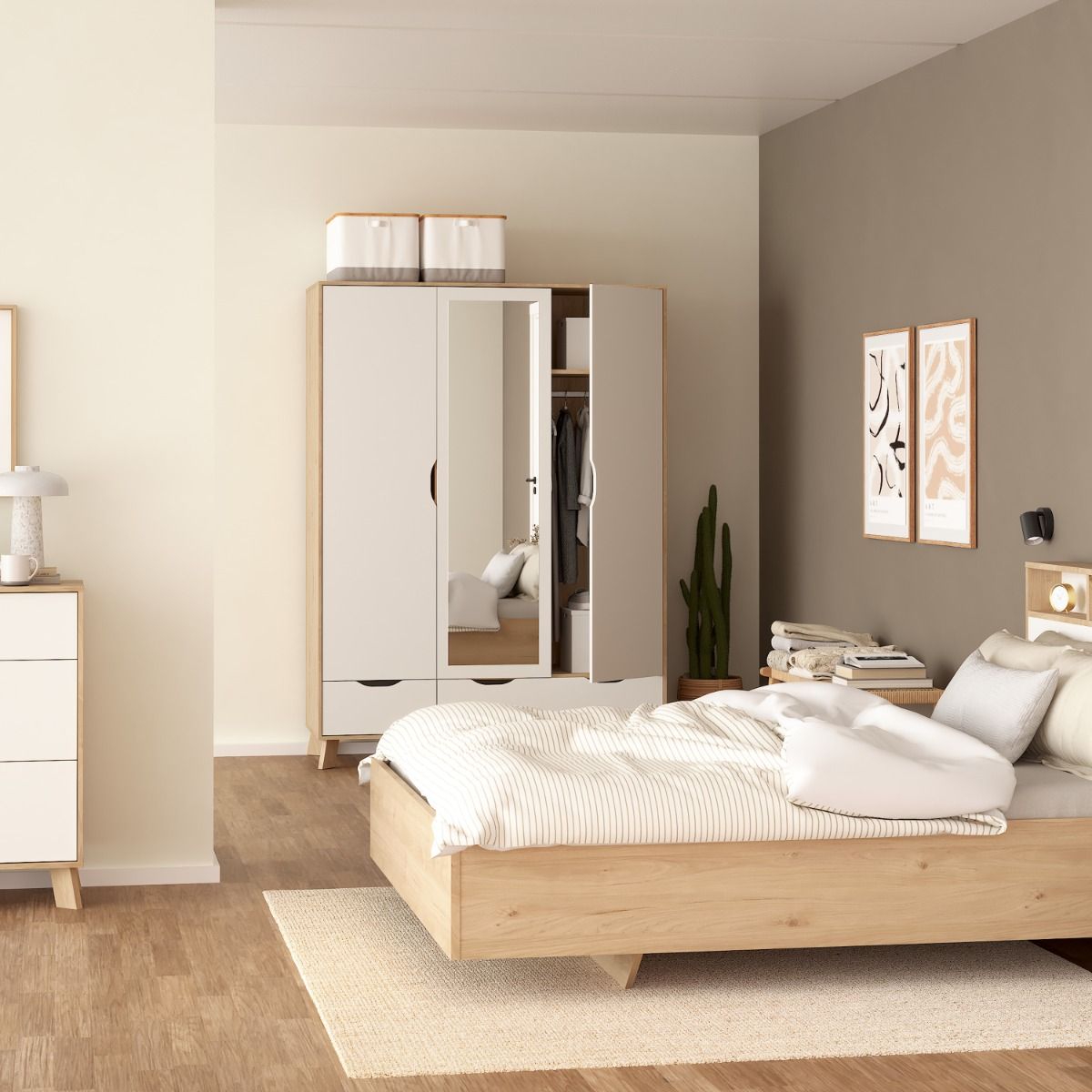 Mirrored Wardrobe With 3 Doors And 2 Drawers In White Fronts - Ikast