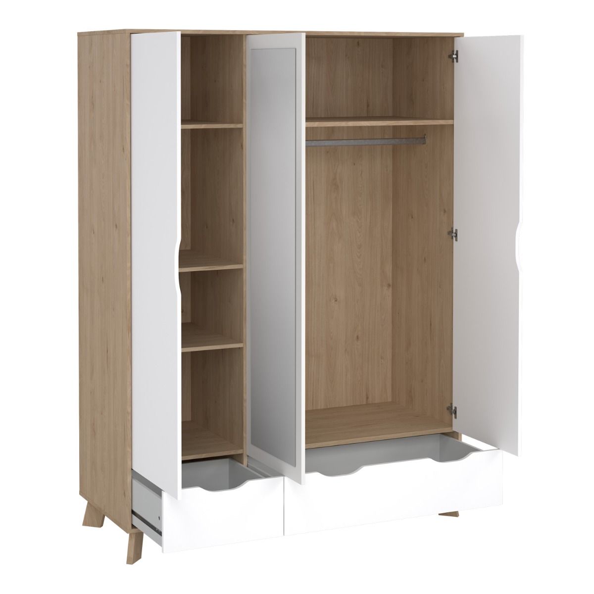 Mirrored Wardrobe With 3 Doors And 2 Drawers In White Fronts - Ikast
