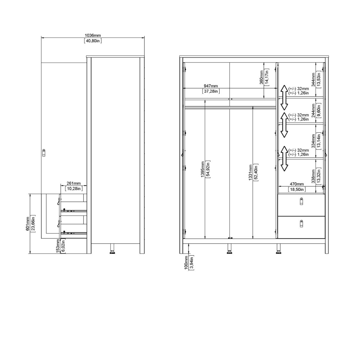 Mirrored Wardrobe With 3 Doors And 2 Drawers - Madrid