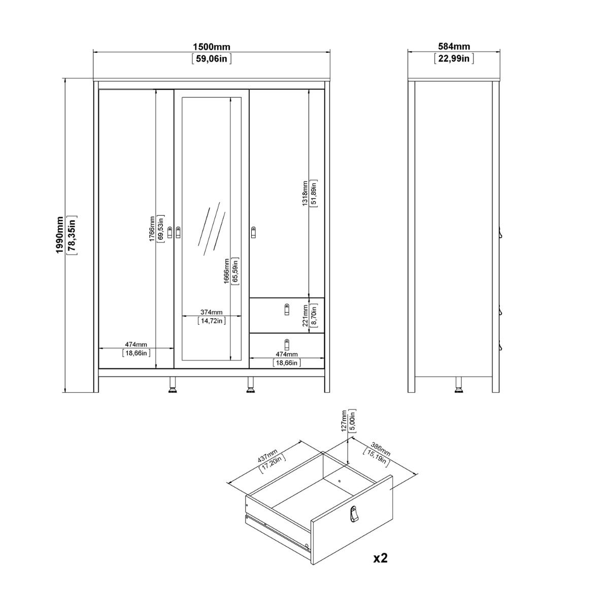 Mirrored Wardrobe With 3 Doors And 2 Drawers - Madrid
