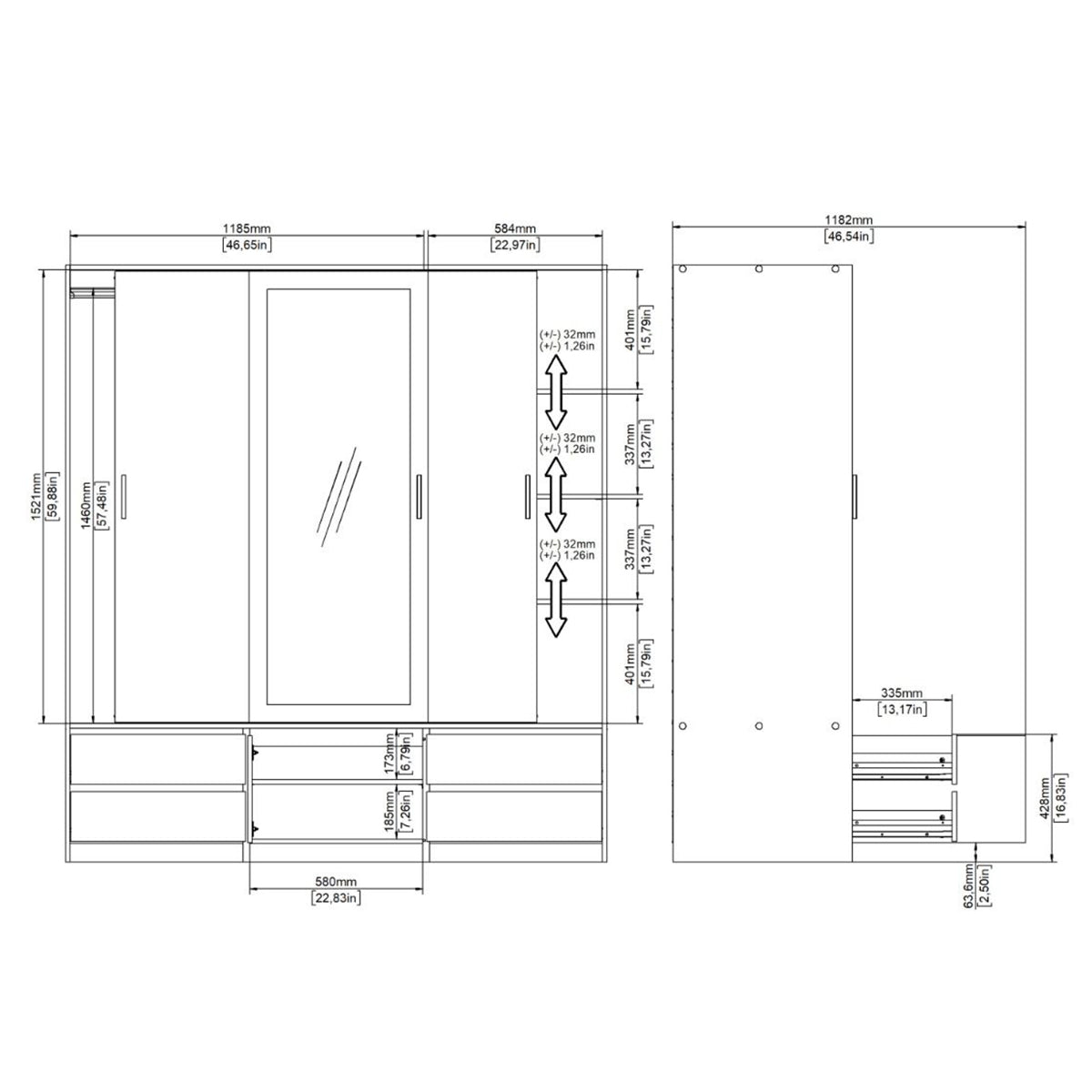 Mirrored Wardrobe With 3 Sliding Doors And 4 Drawers - Line