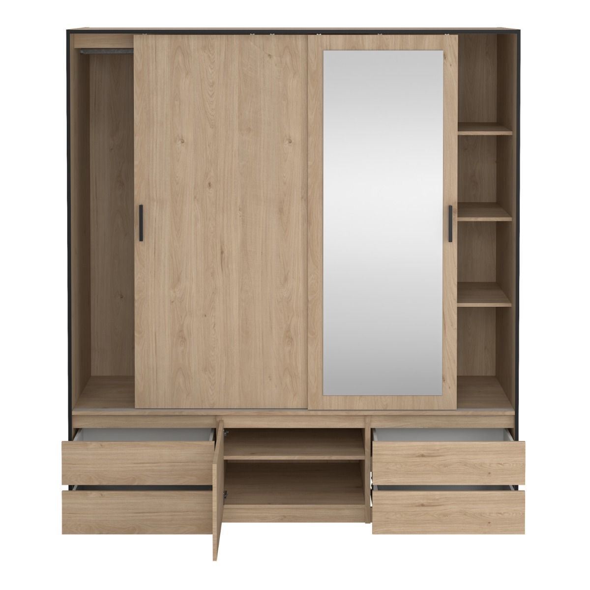 Mirrored Wardrobe With 3 Sliding Doors And 4 Drawers - Line