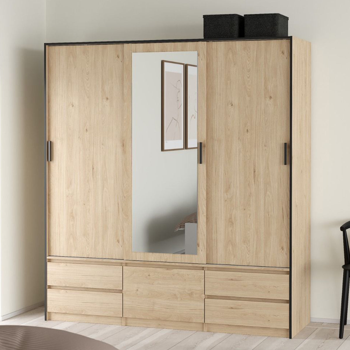 Mirrored Wardrobe With 3 Sliding Doors And 4 Drawers - Line