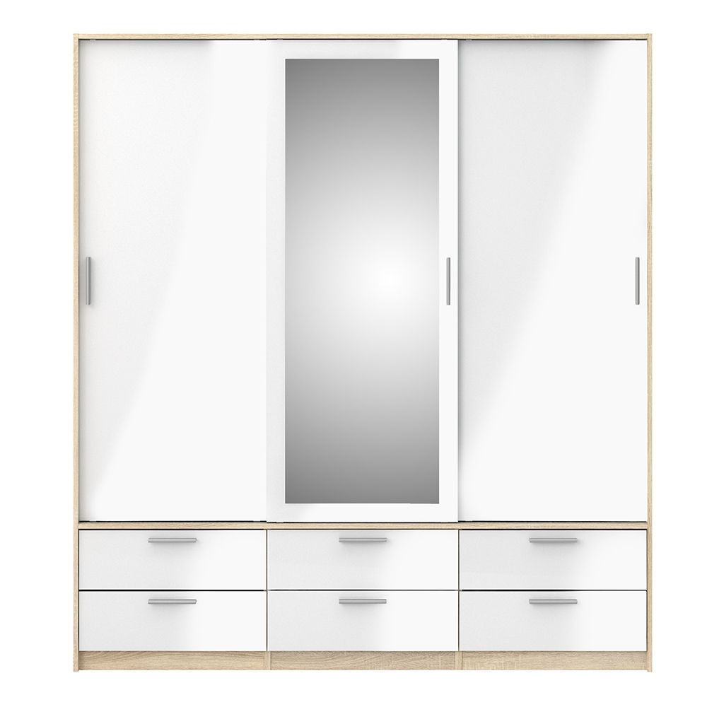 Mirrored Wardrobe With 3 Sliding Doors And 6 Drawers - Line