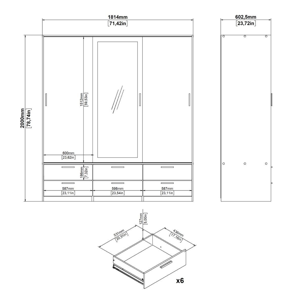 Mirrored Wardrobe With 3 Sliding Doors And 6 Drawers - Line