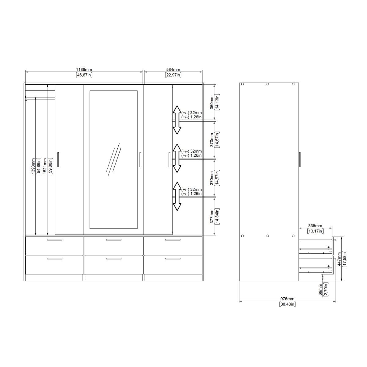 Mirrored Wardrobe With 3 Sliding Doors And 6 Drawers - Line