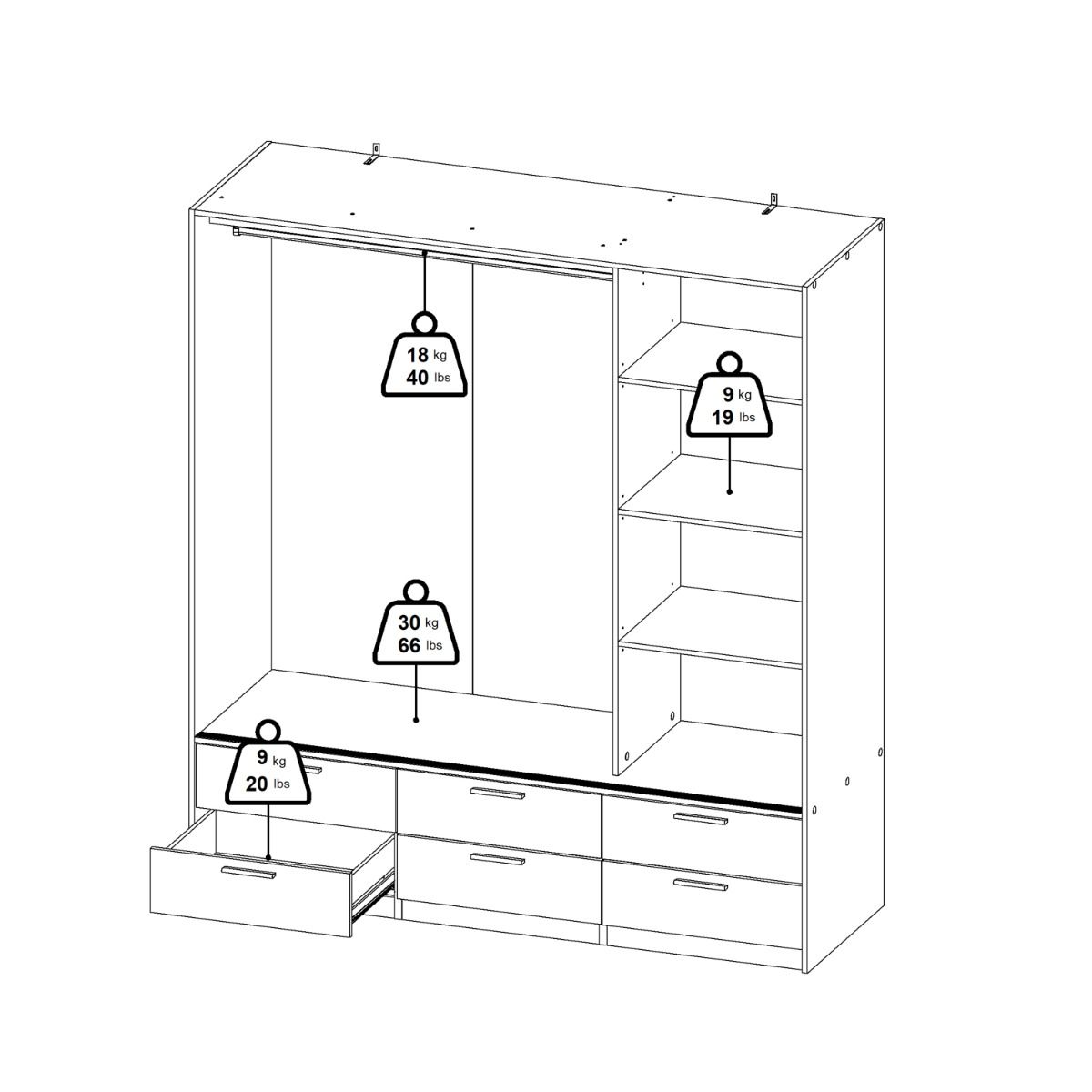 Mirrored Wardrobe With 3 Sliding Doors And 6 Drawers - Line