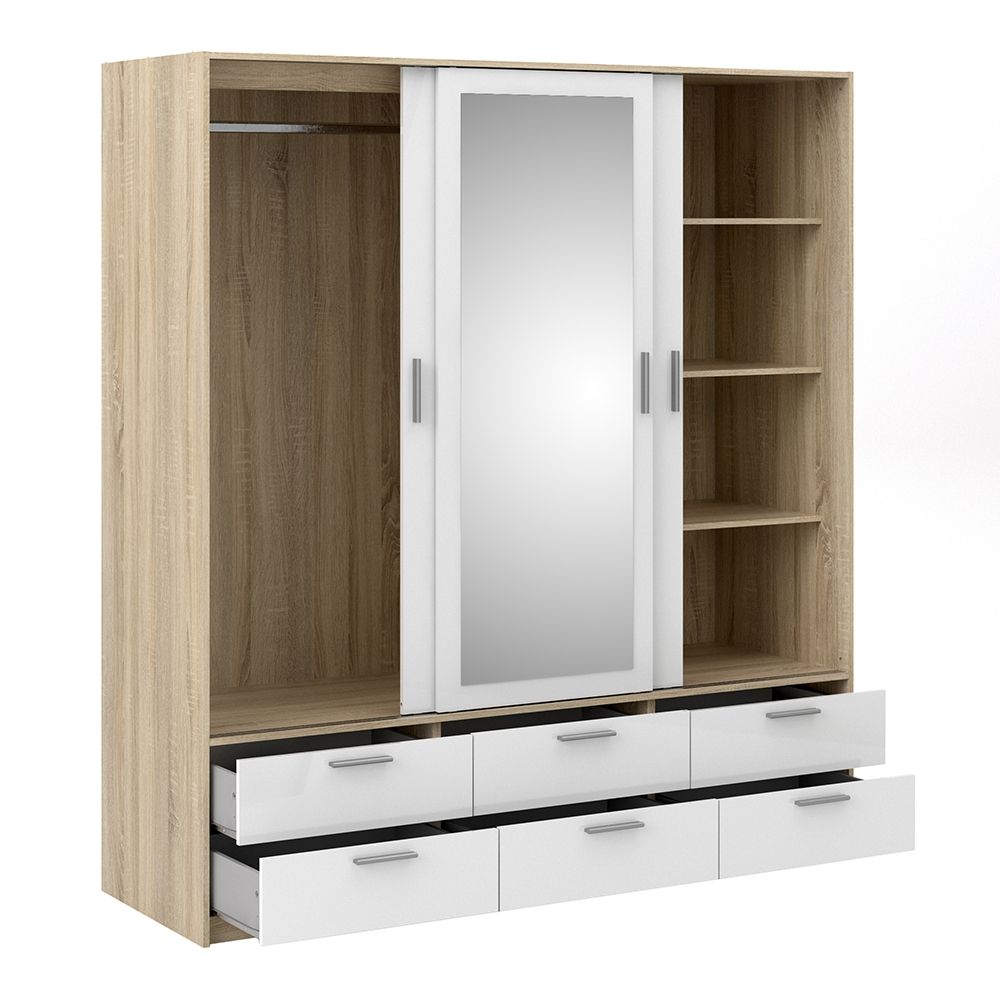 Mirrored Wardrobe With 3 Sliding Doors And 6 Drawers - Line