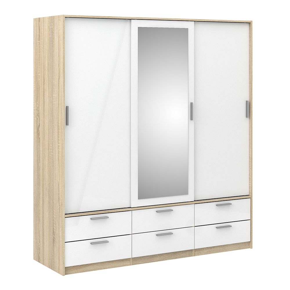 Mirrored Wardrobe With 3 Sliding Doors And 6 Drawers - Line