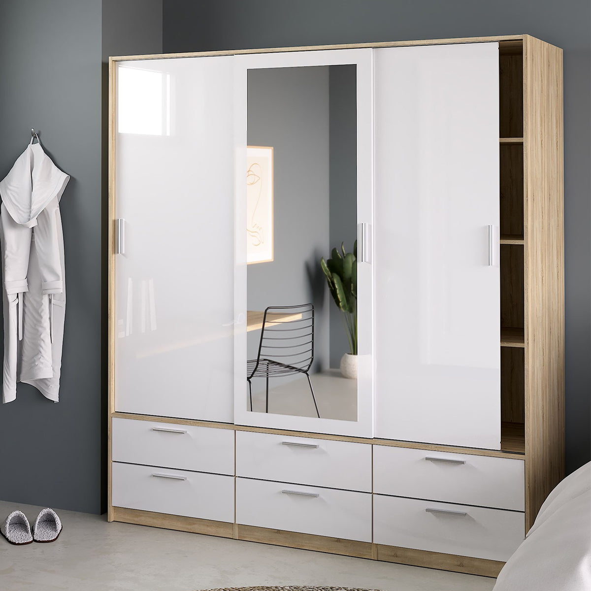 Mirrored Wardrobe With 3 Sliding Doors And 6 Drawers - Line