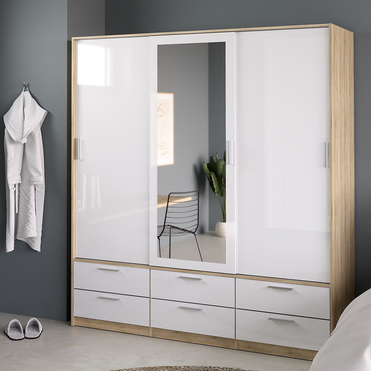 Mirrored Wardrobe With 3 Sliding Doors And 6 Drawers - Line