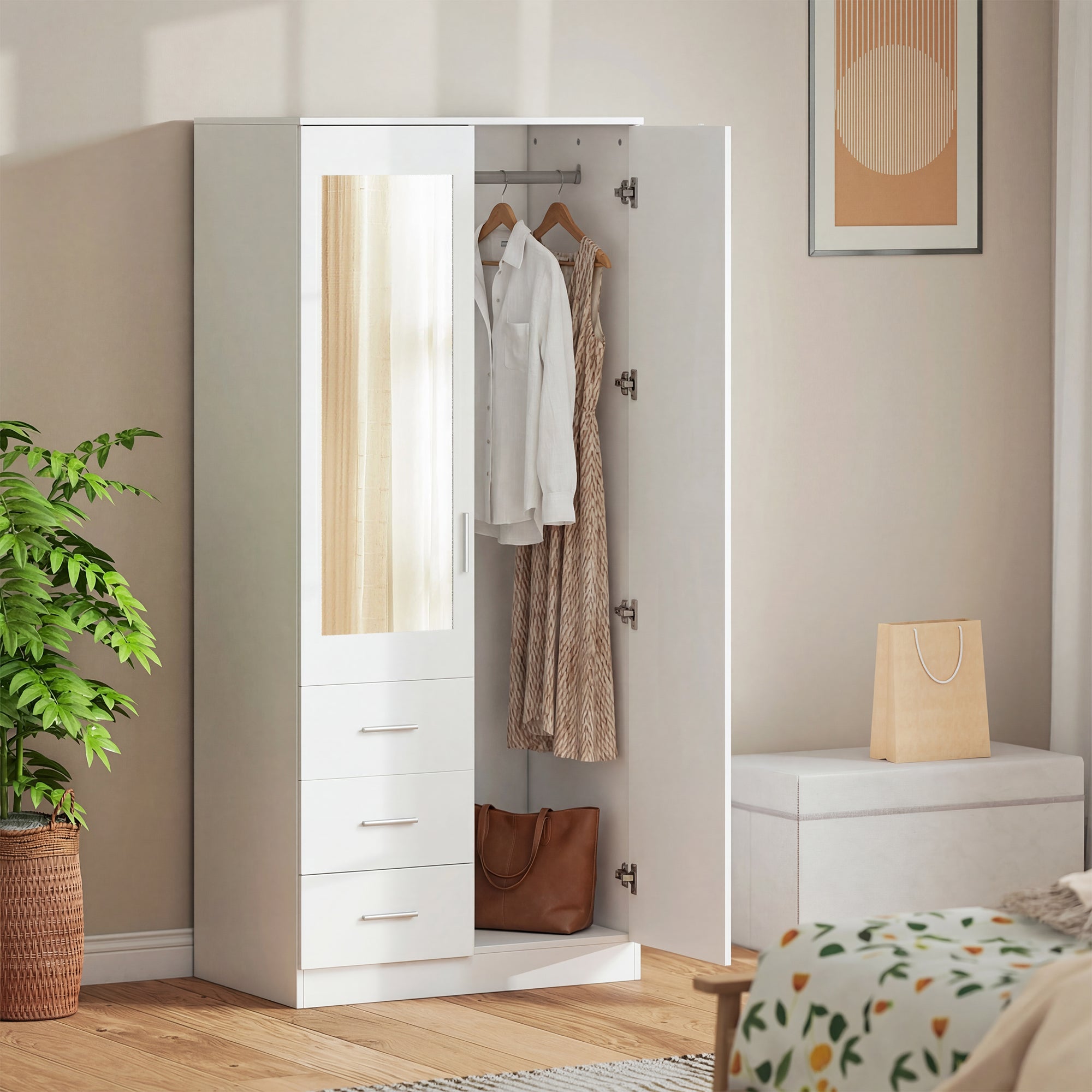 Mirrored Wardrobe 80cm Wide With 2 Doors And 3 Drawers - Velmora