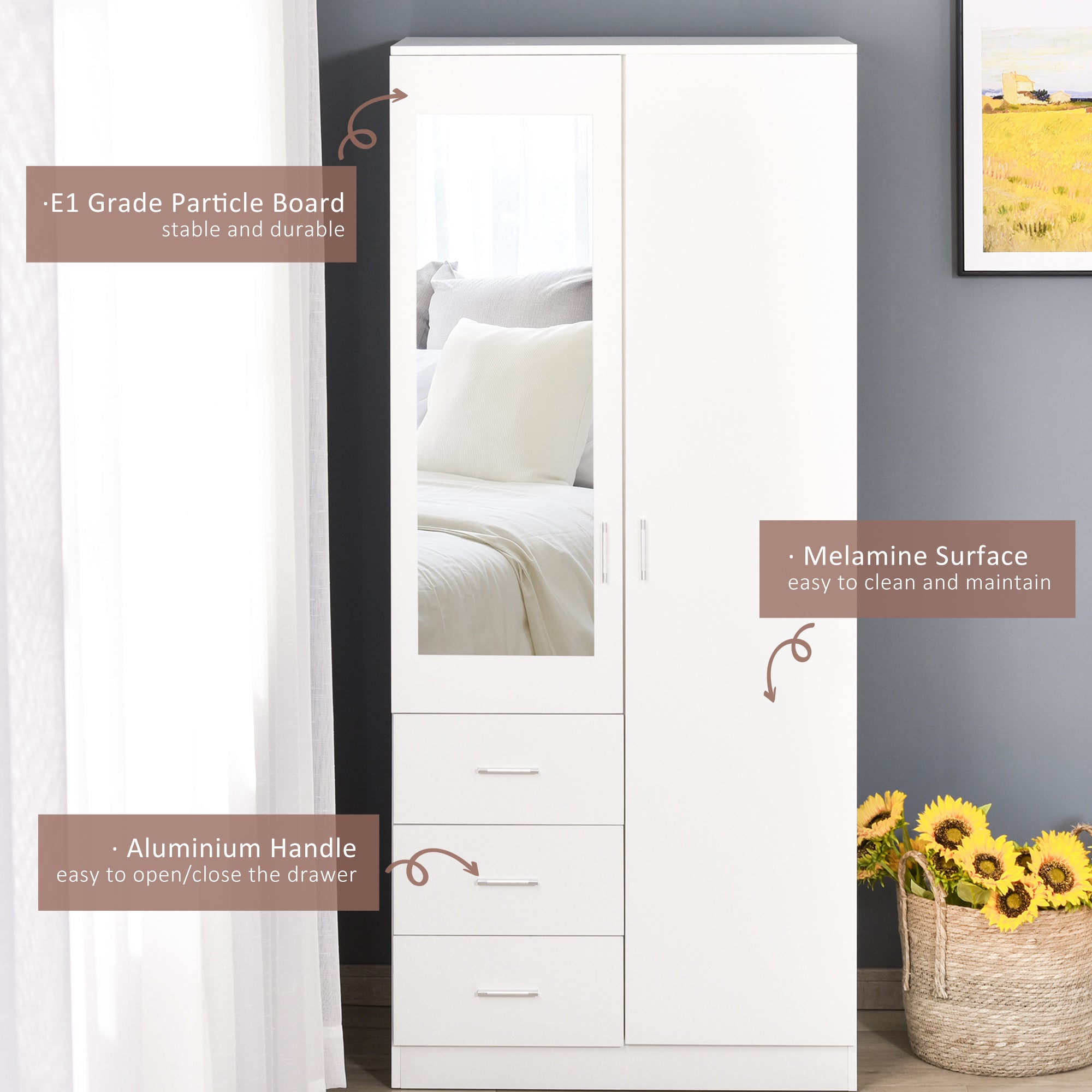 Mirrored Wardrobe 80cm Wide With 2 Doors And 3 Drawers - Velmora
