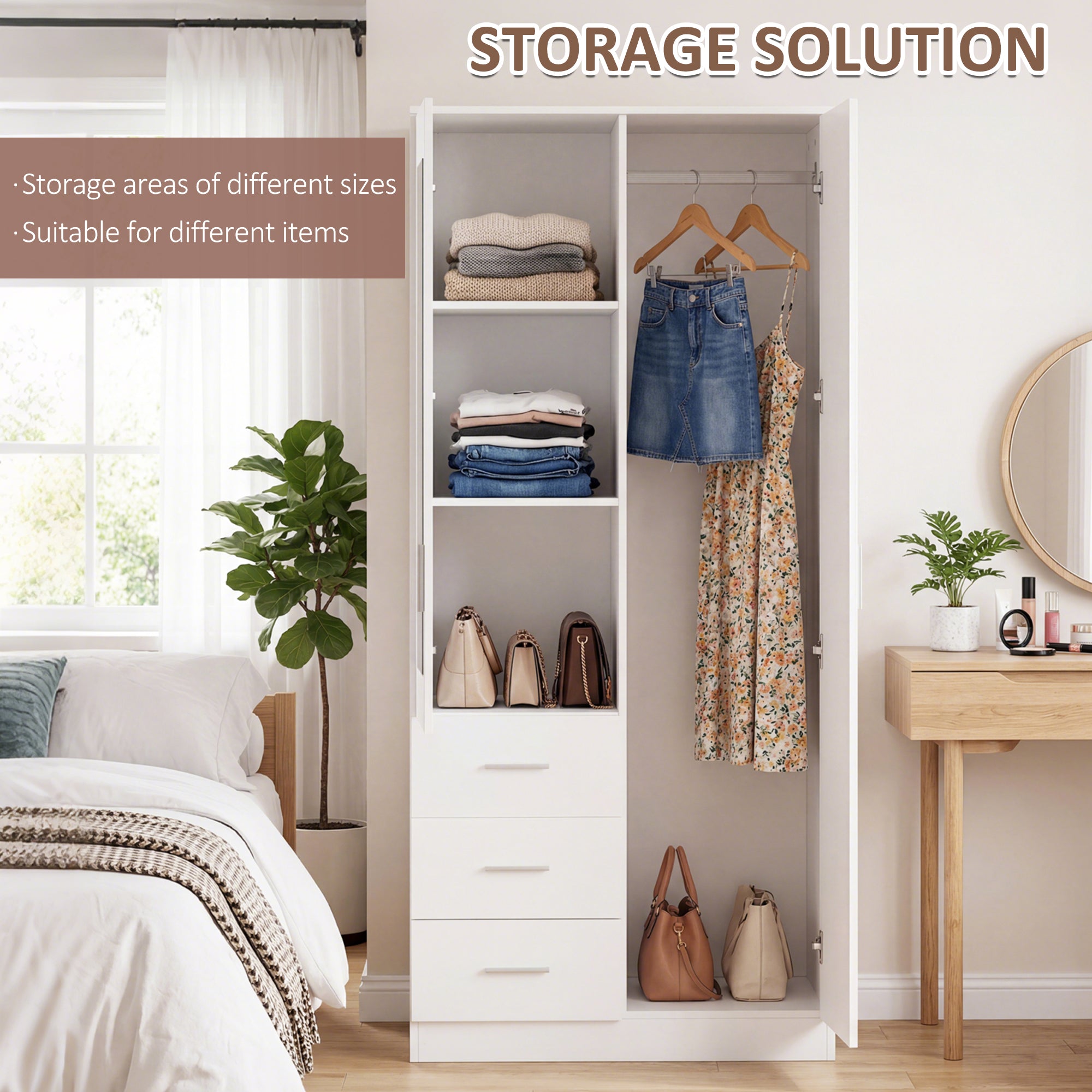 Mirrored Wardrobe 80cm Wide With 2 Doors And 3 Drawers - Velmora