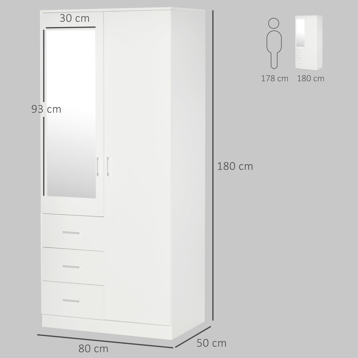Mirrored Wardrobe 80cm Wide With 2 Doors And 3 Drawers - Velmora