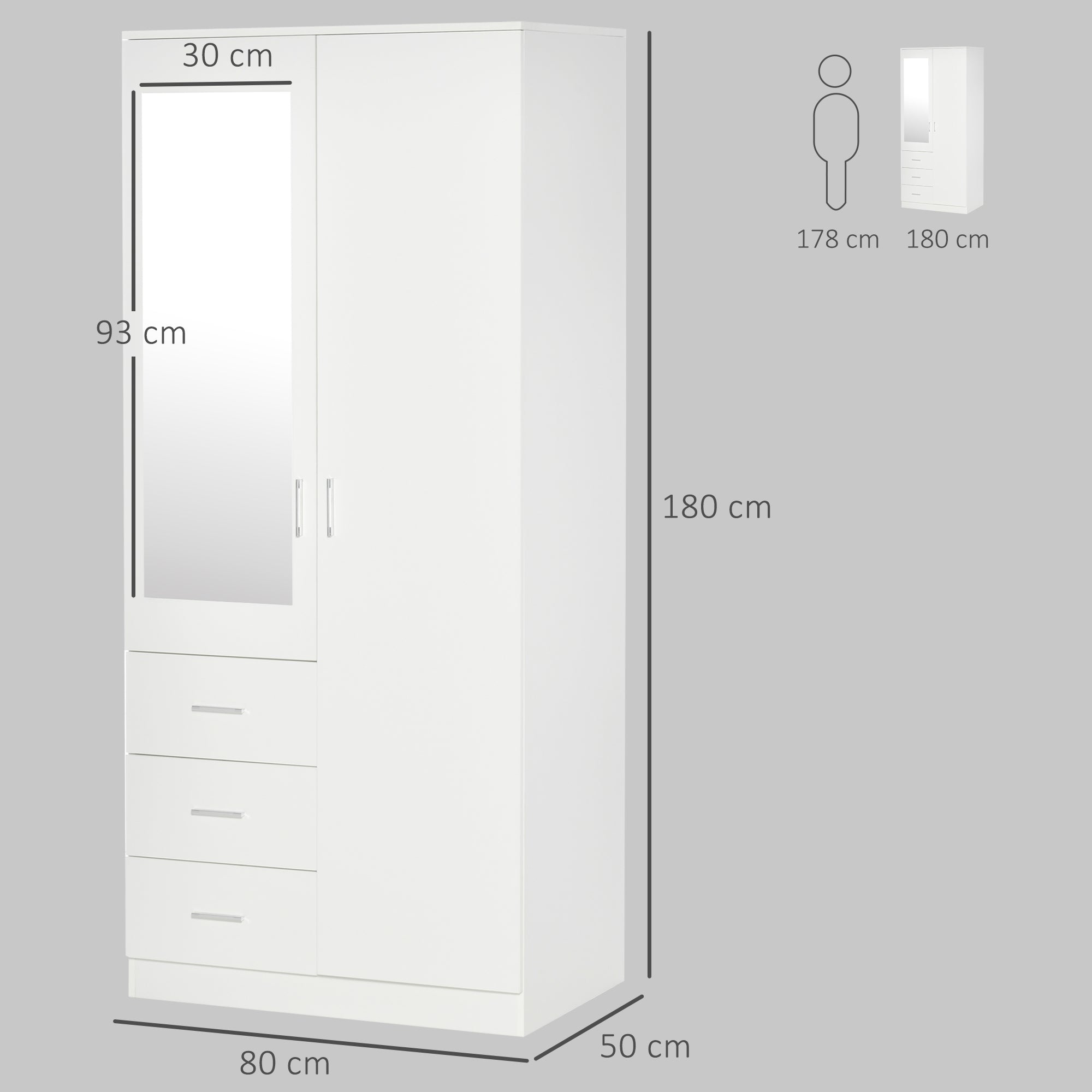 Mirrored Wardrobe 80cm Wide With 2 Doors And 3 Drawers - Velmora