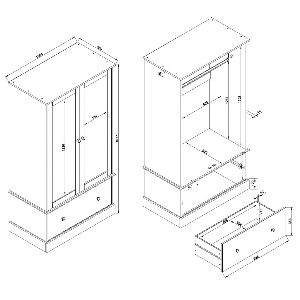 Mirrored Wardrobe With 2 Doors And 1 Drawer - Cotswold