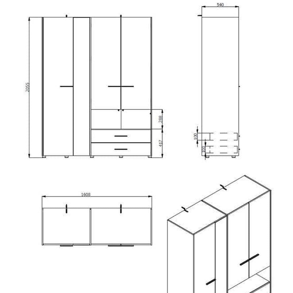 Mirrored Wardrobe With 4 Doors And 2 Drawers - Lima