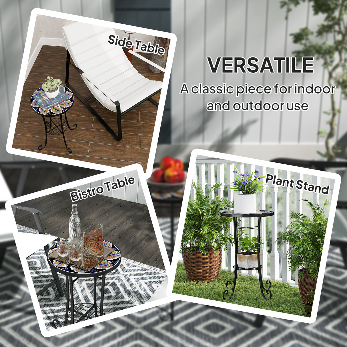 Mosaic Ceramic Tile Top Garden Bistro Table Round - Velmora