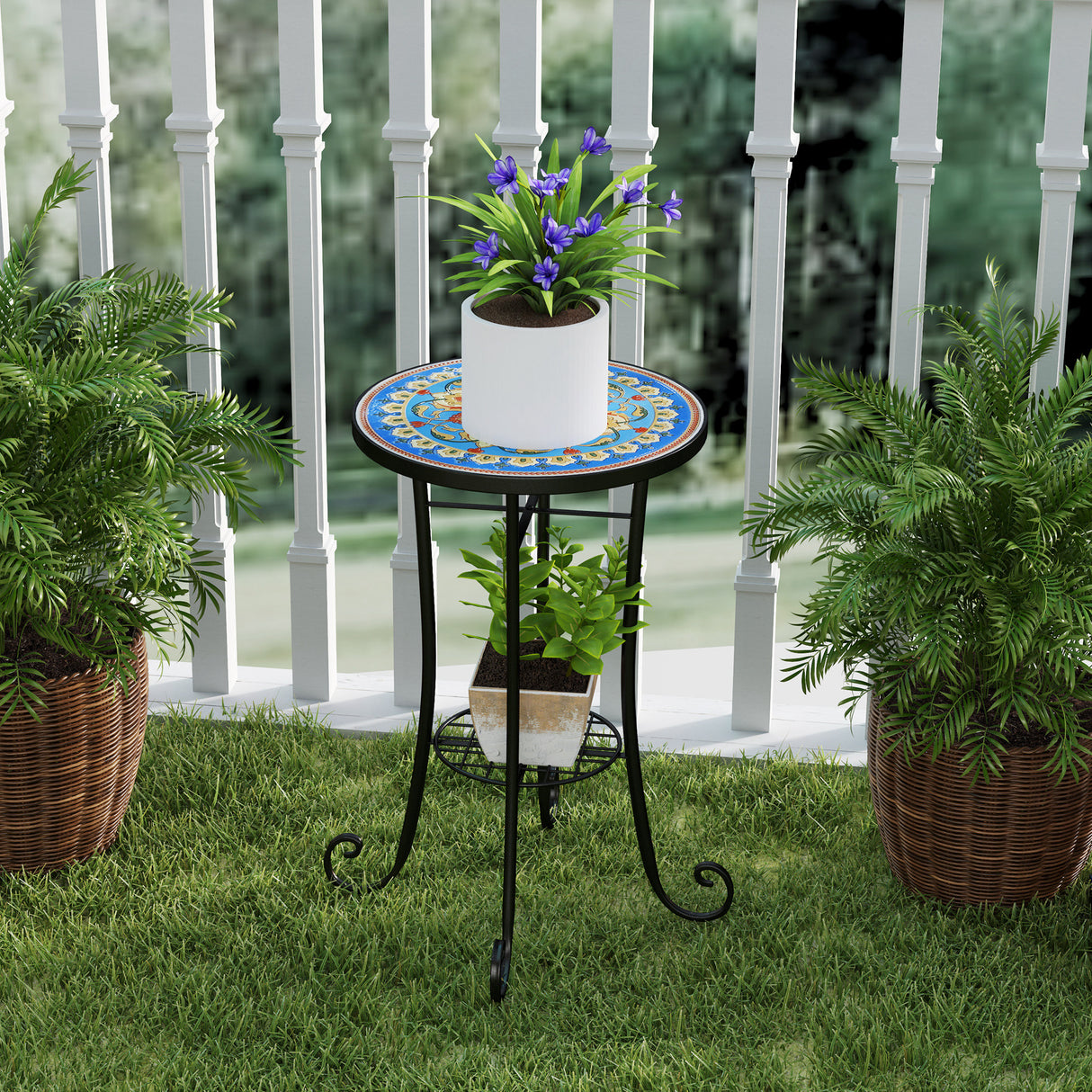 Mosaic Ceramic Tile Top Garden Bistro Table Round - Velmora