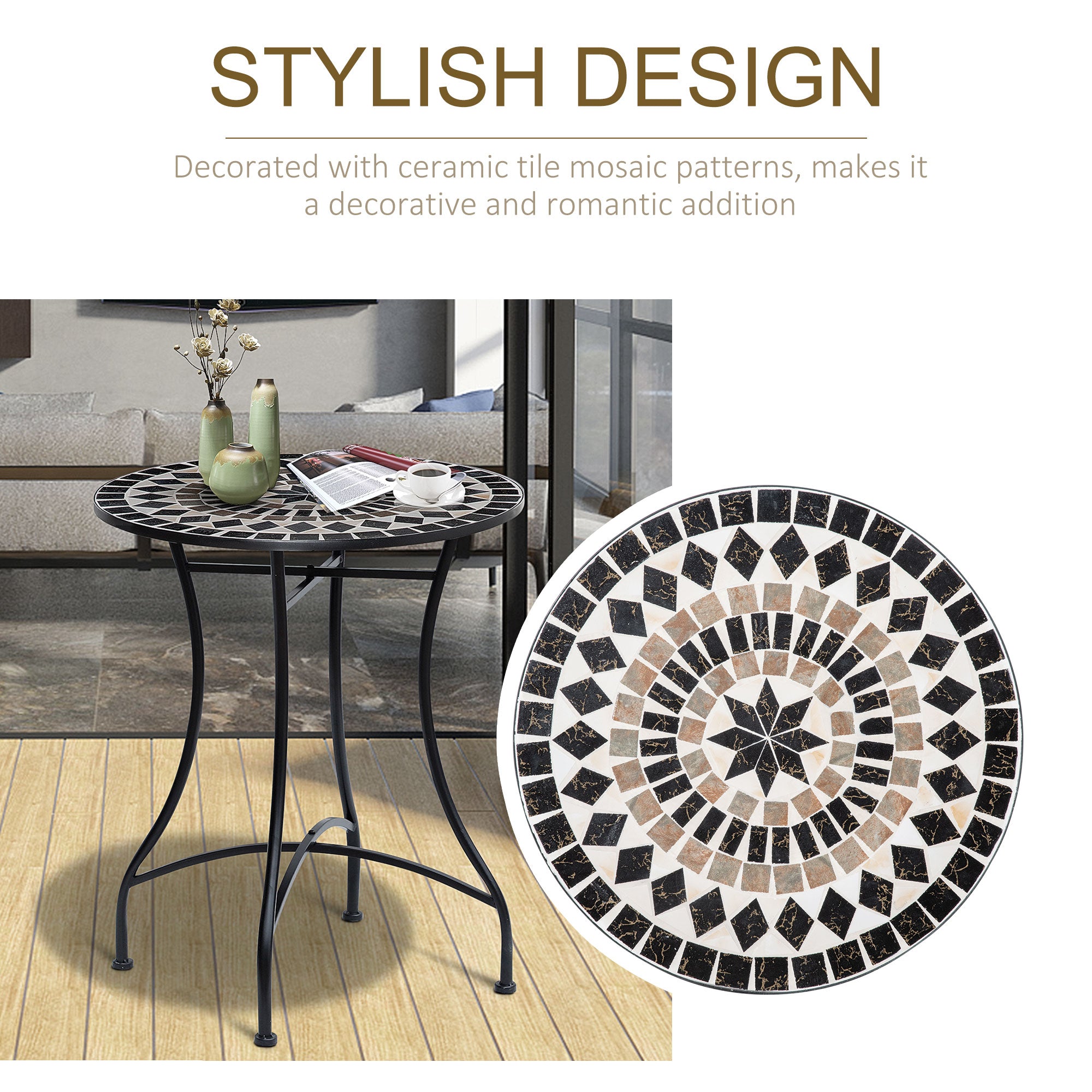 Mosaic Ceramic Top Outdoor Garden Patio Side Table Round - Velmora