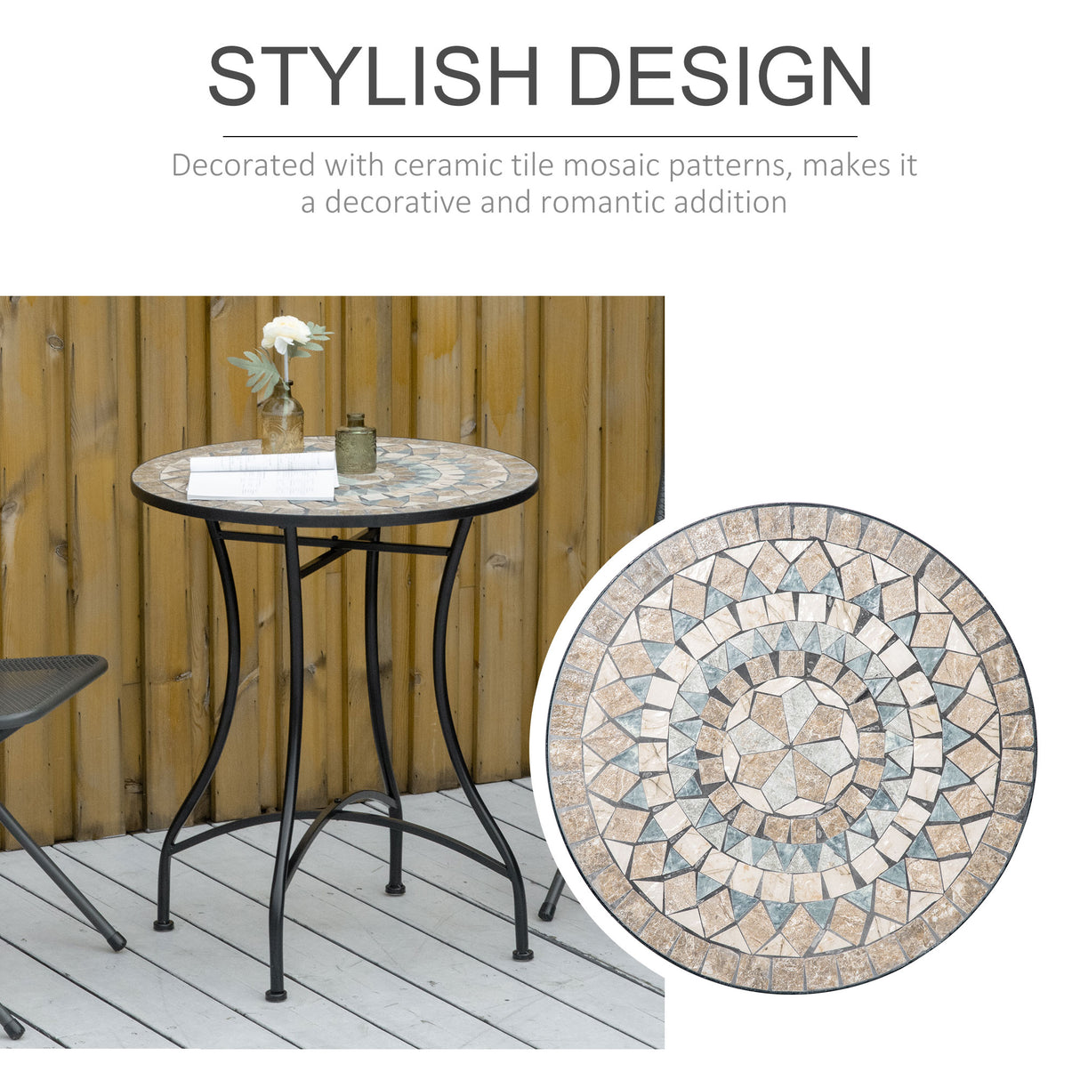Mosaic Ceramic Top Outdoor Garden Patio Side Table Round - Velmora