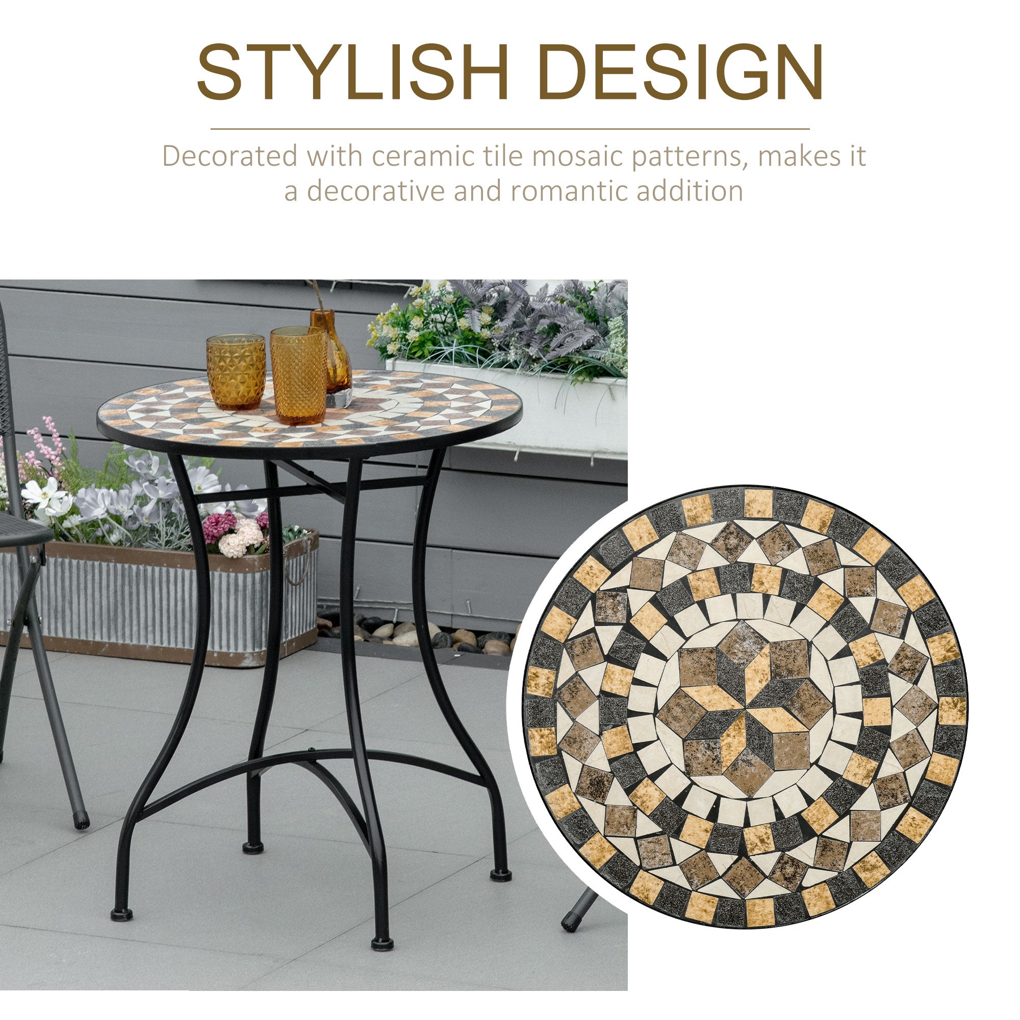 Mosaic Ceramic Top Outdoor Garden Patio Side Table Round - Velmora