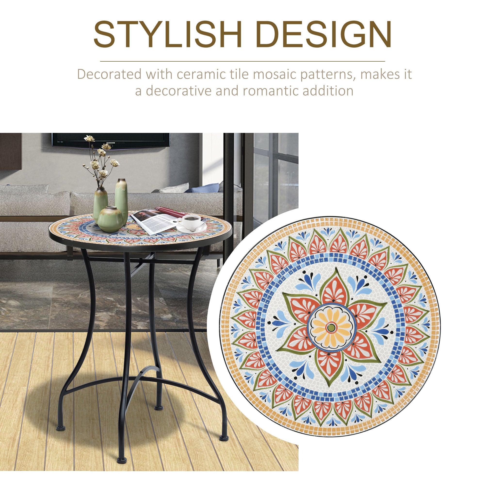 Mosaic Ceramic Top Outdoor Garden Patio Side Table Round - Velmora