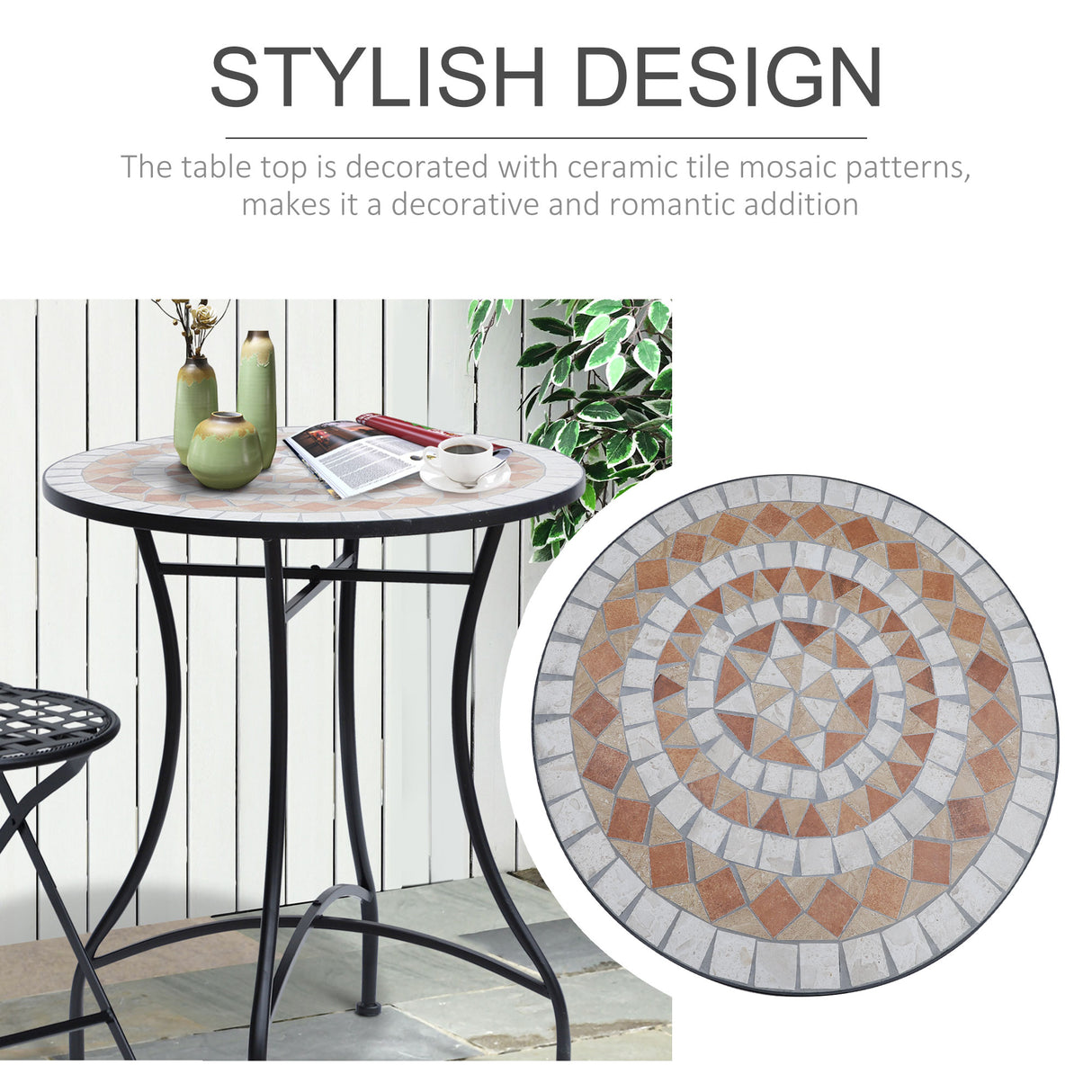 Mosaic Ceramic Top Outdoor Garden Patio Side Table With Black Frame Round - Velmora
