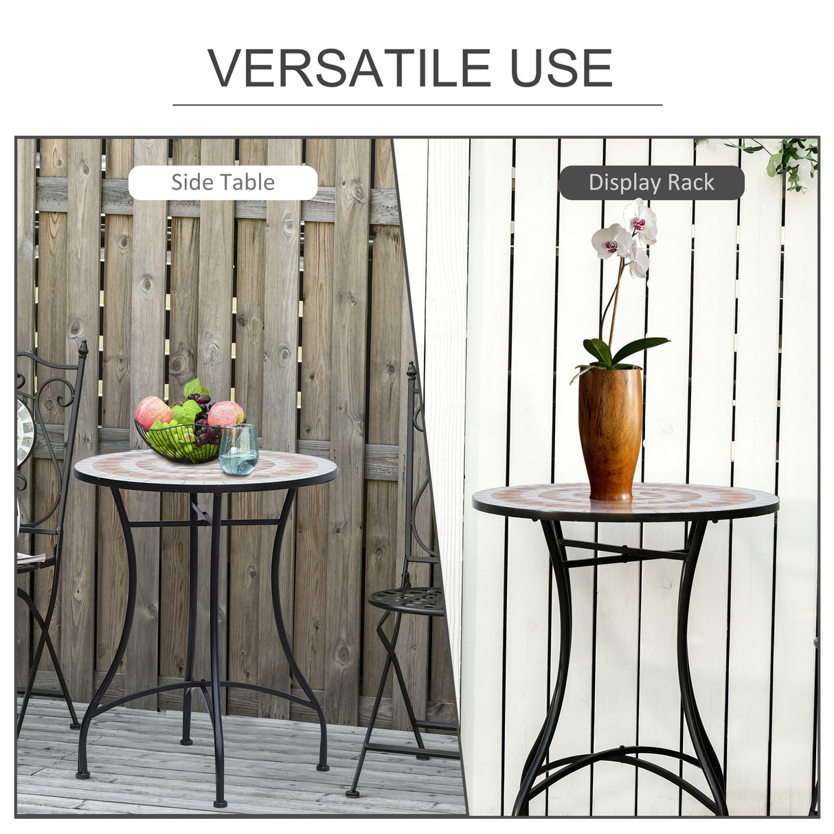 Mosaic Ceramic Top Outdoor Garden Patio Side Table With Black Frame Round - Velmora