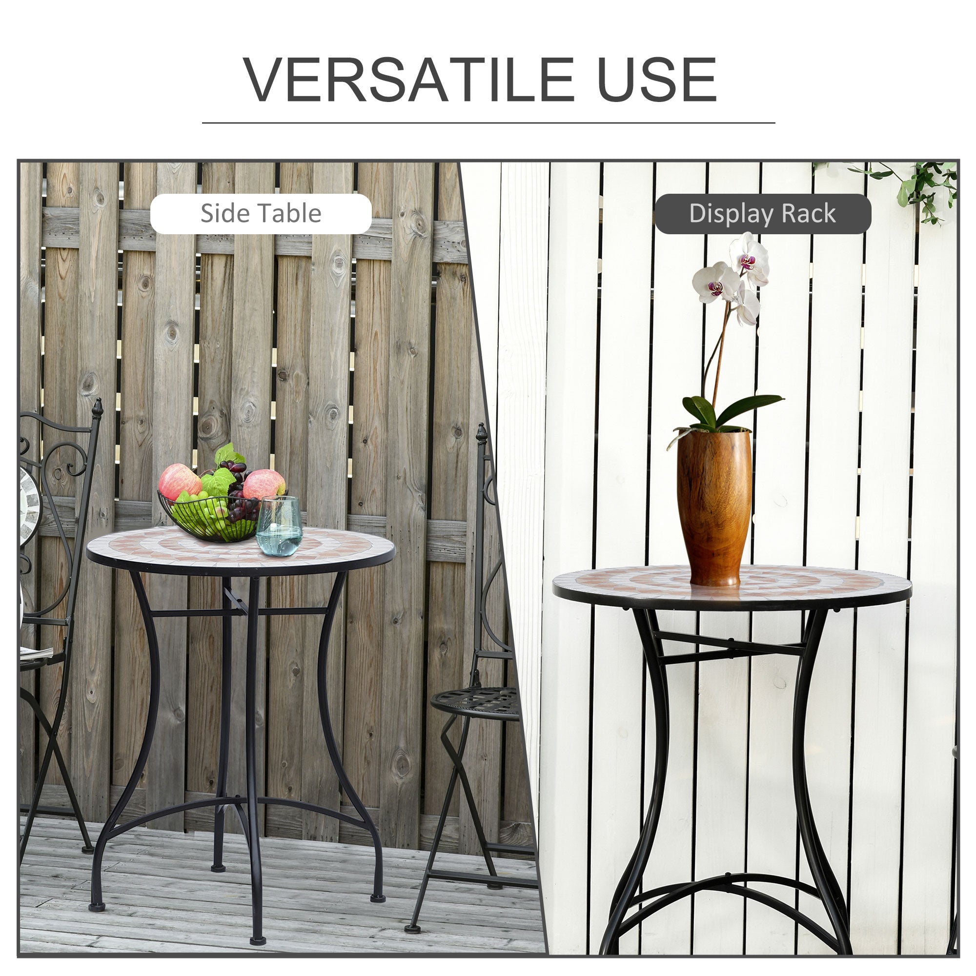 Mosaic Ceramic Top Outdoor Garden Patio Side Table With Black Frame Round - Velmora