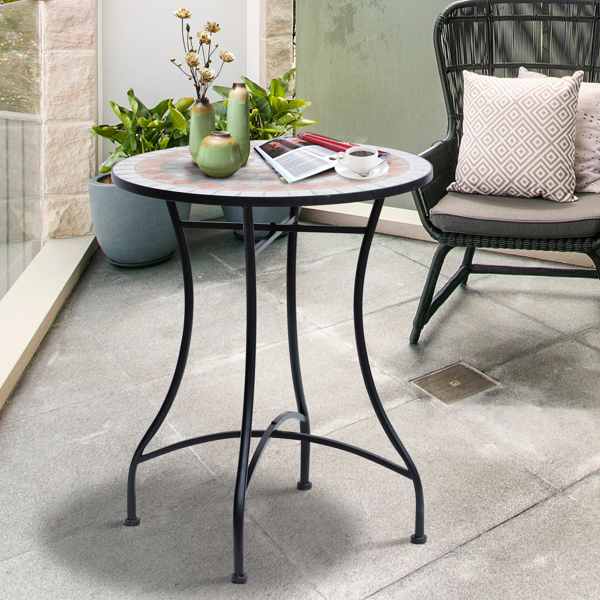 Mosaic Ceramic Top Outdoor Garden Patio Side Table With Black Frame Round - Velmora