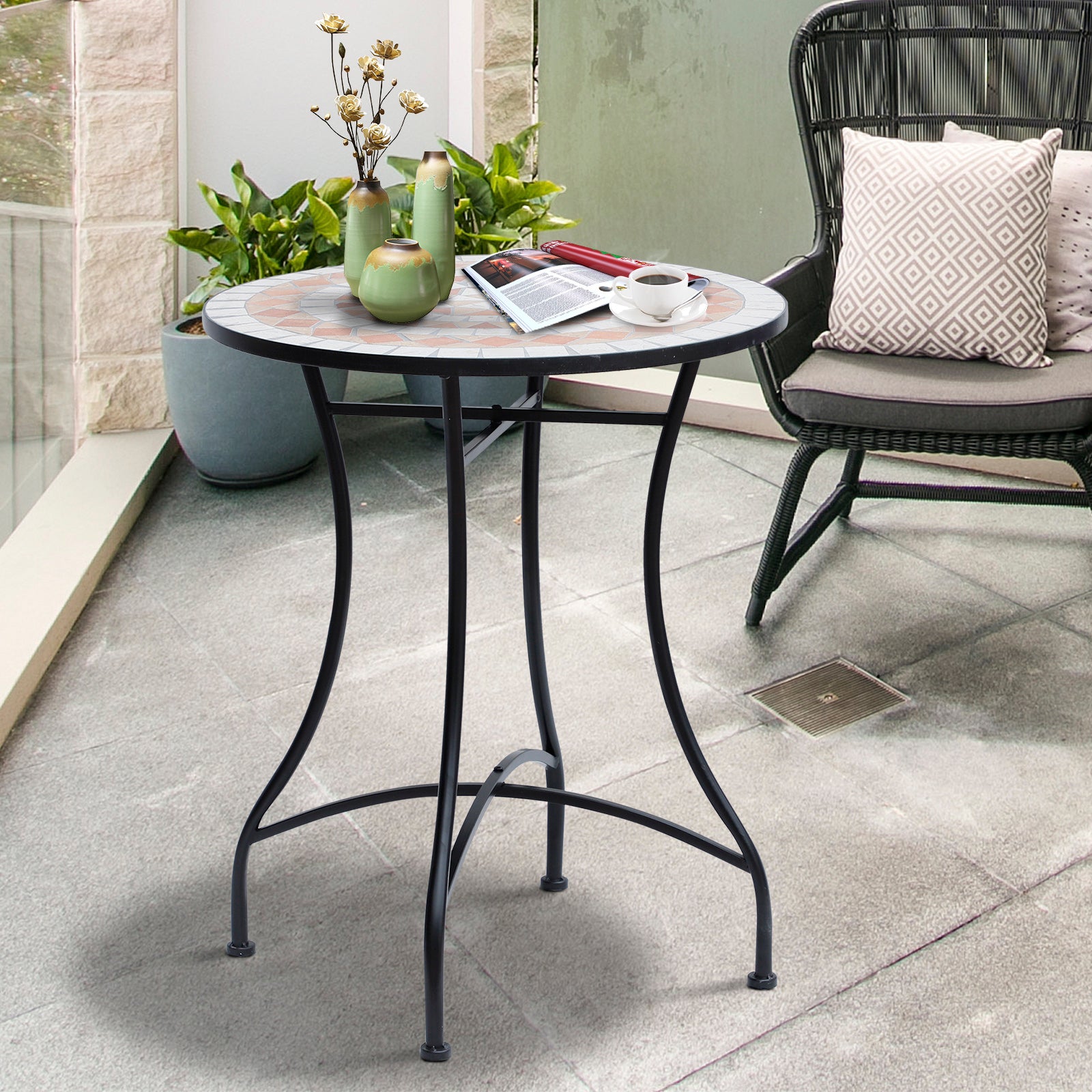 Mosaic Ceramic Top Outdoor Garden Patio Side Table With Black Frame Round - Velmora