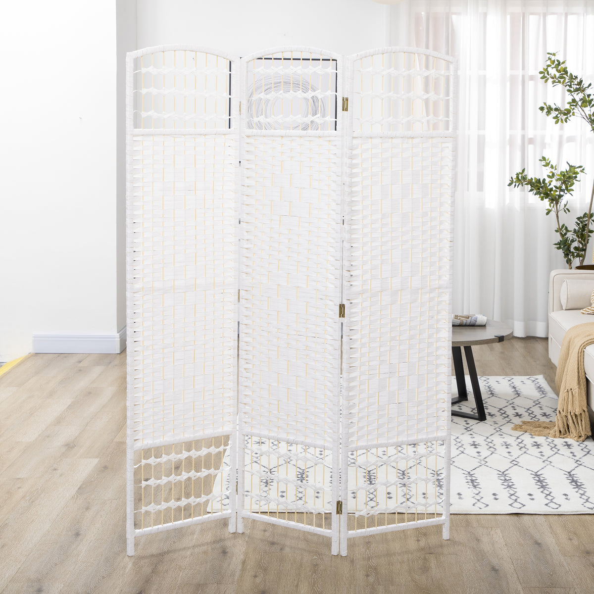 Paper Rope 3 Panel Folding Room Divider 120cm Wide - Velmora