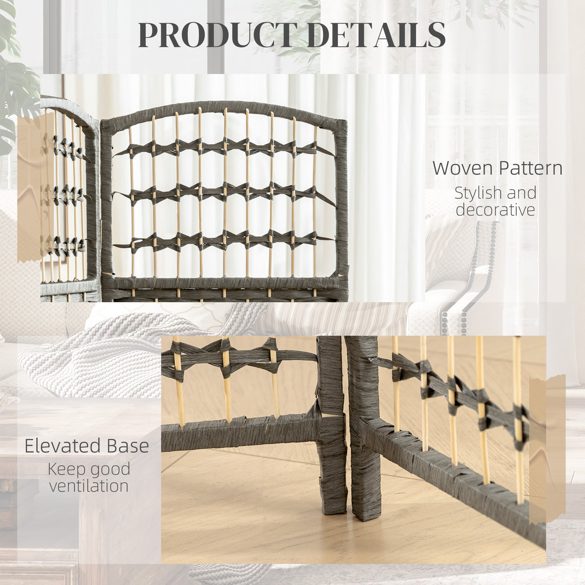 Paper Rope 4 Panel Folding Room Divider 160cm Wide - Velmora
