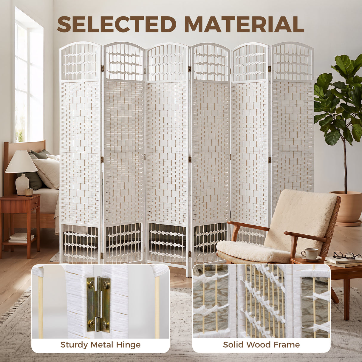Paper Rope 6 Panel Folding Room Divider 240cm Wide - Velmora