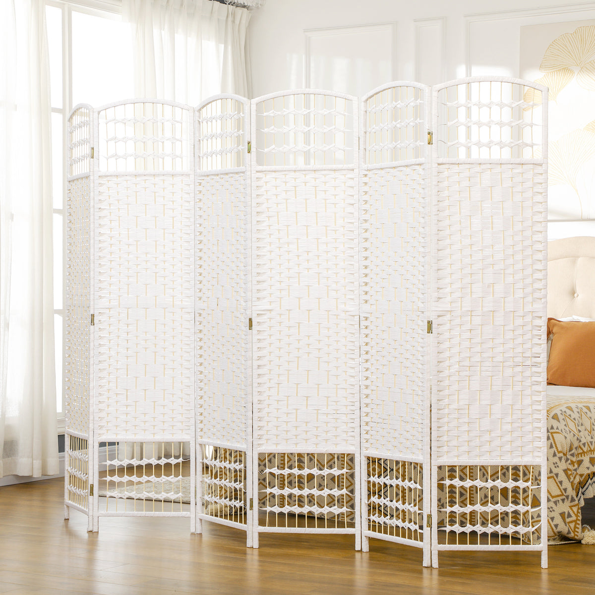 Paper Rope 6 Panel Folding Room Divider 240cm Wide - Velmora