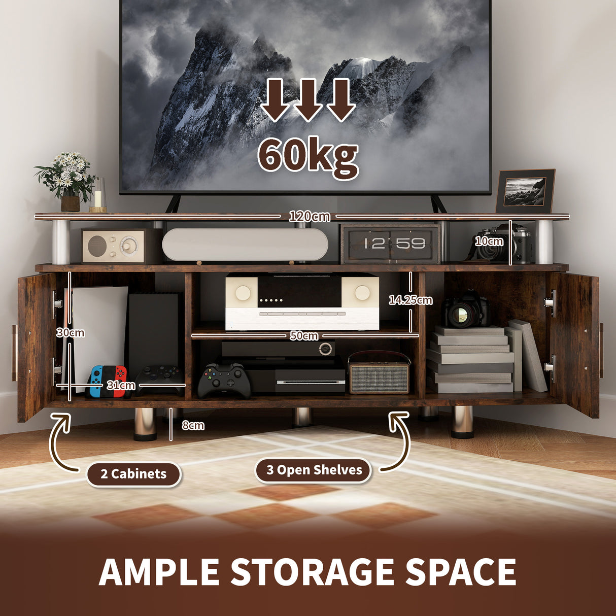 Particle Board TV Stand 120cm Wide With 2 Doors - Velmora