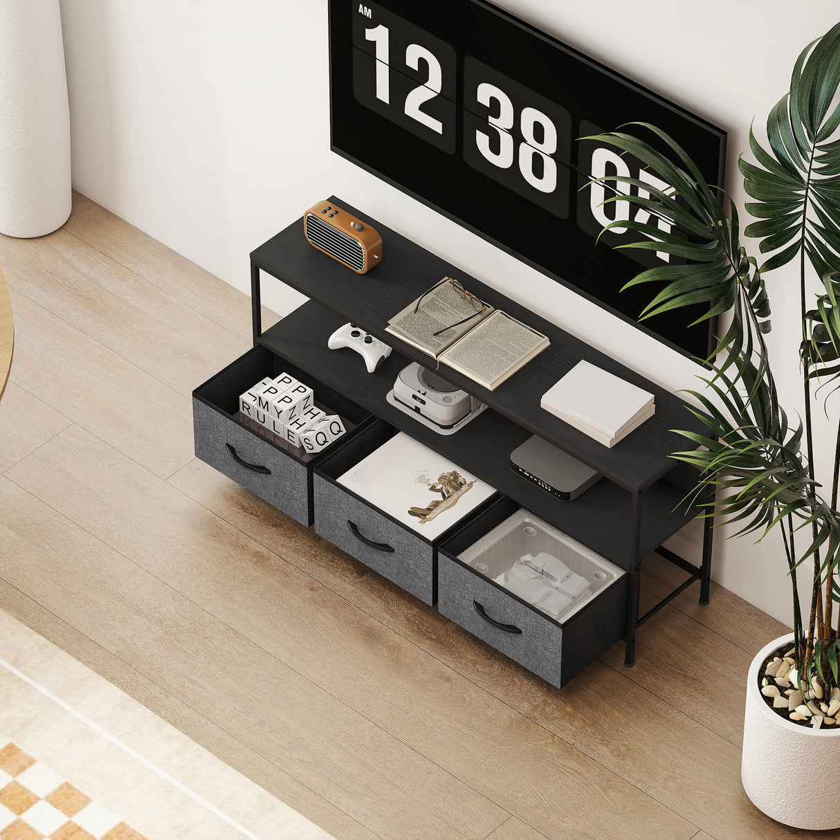Particle Board TV Stand 120cm Wide With 3 Foldable Drawers - Velmora