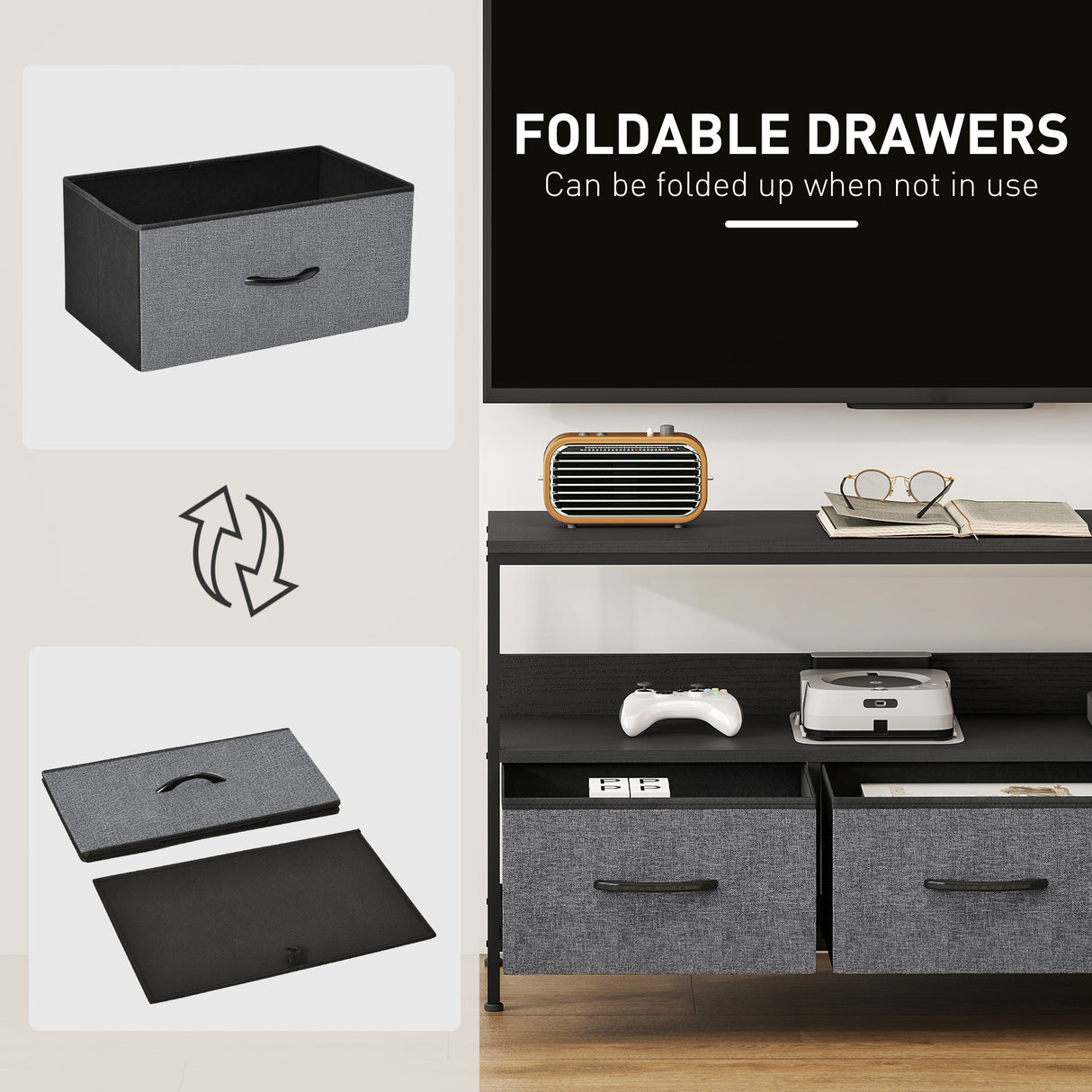 Particle Board TV Stand 120cm Wide With 3 Foldable Drawers - Velmora