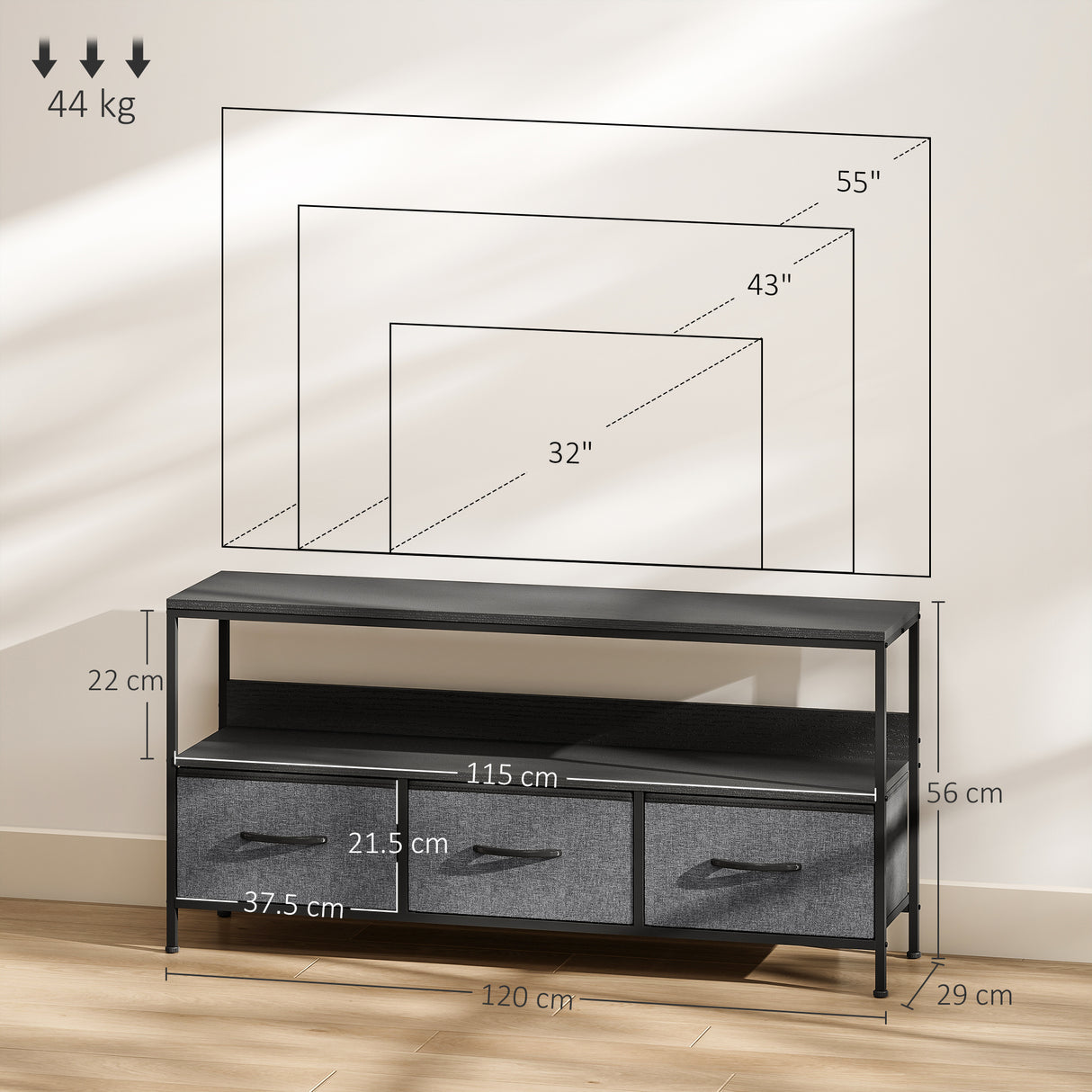 Particle Board TV Stand 120cm Wide With 3 Foldable Drawers - Velmora