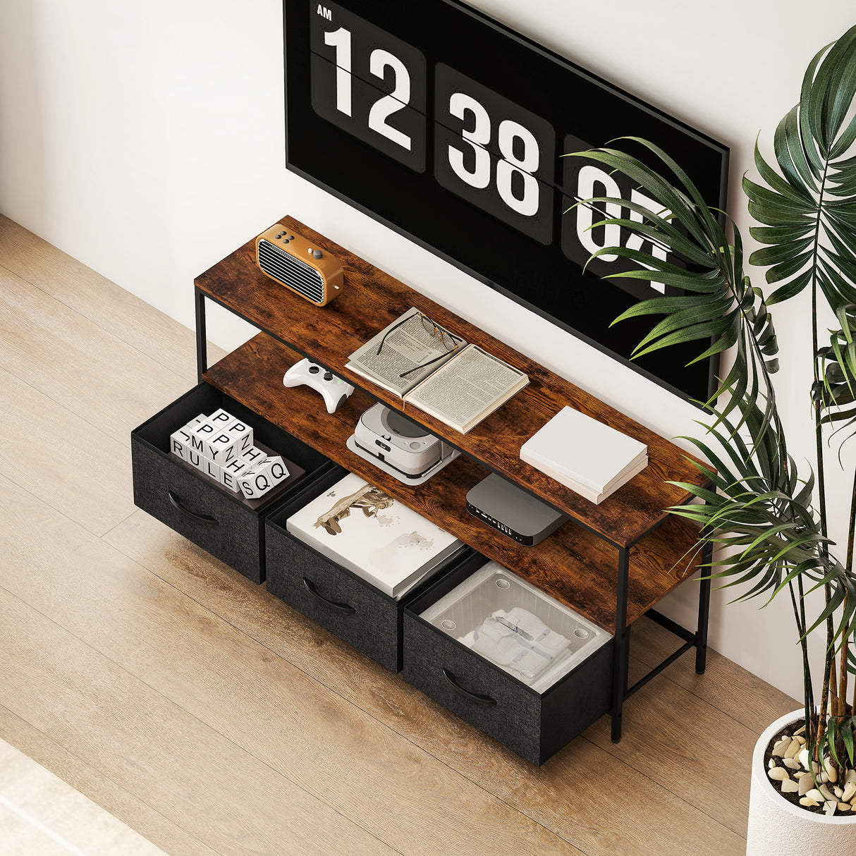 Particle Board TV Stand 120cm Wide With 3 Foldable Drawers - Velmora