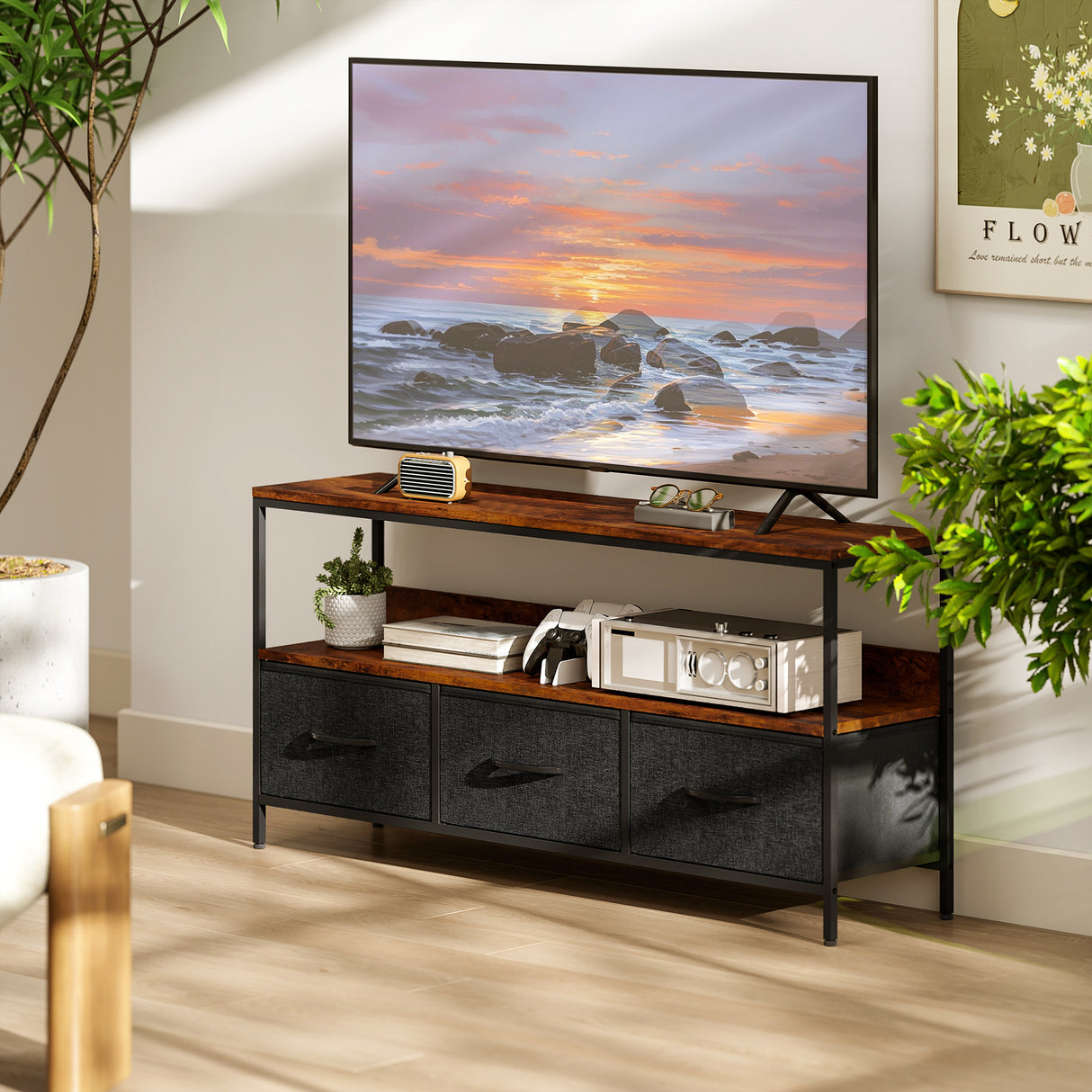 Particle Board TV Stand 120cm Wide With 3 Foldable Drawers - Velmora