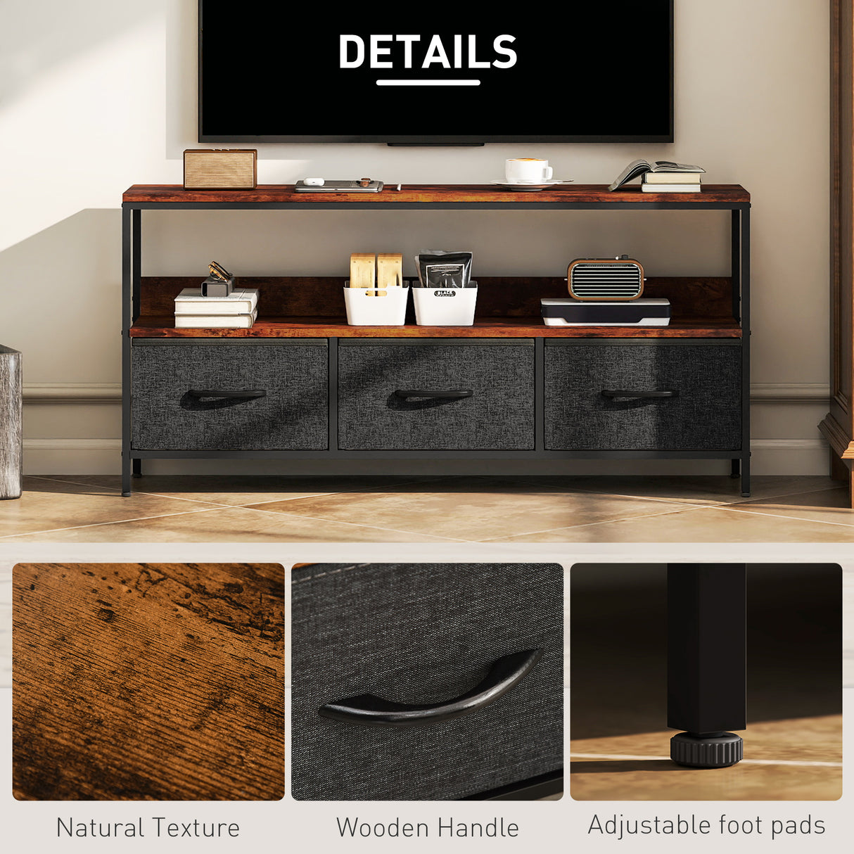 Particle Board TV Stand 120cm Wide With 3 Foldable Drawers - Velmora